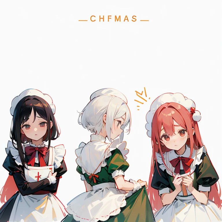 sesta, Ryo e Bocchi. Vestidos de empregada, Christmas Aesthetics, fundo vermelho com aspectos de Natal, Christmas vibe.