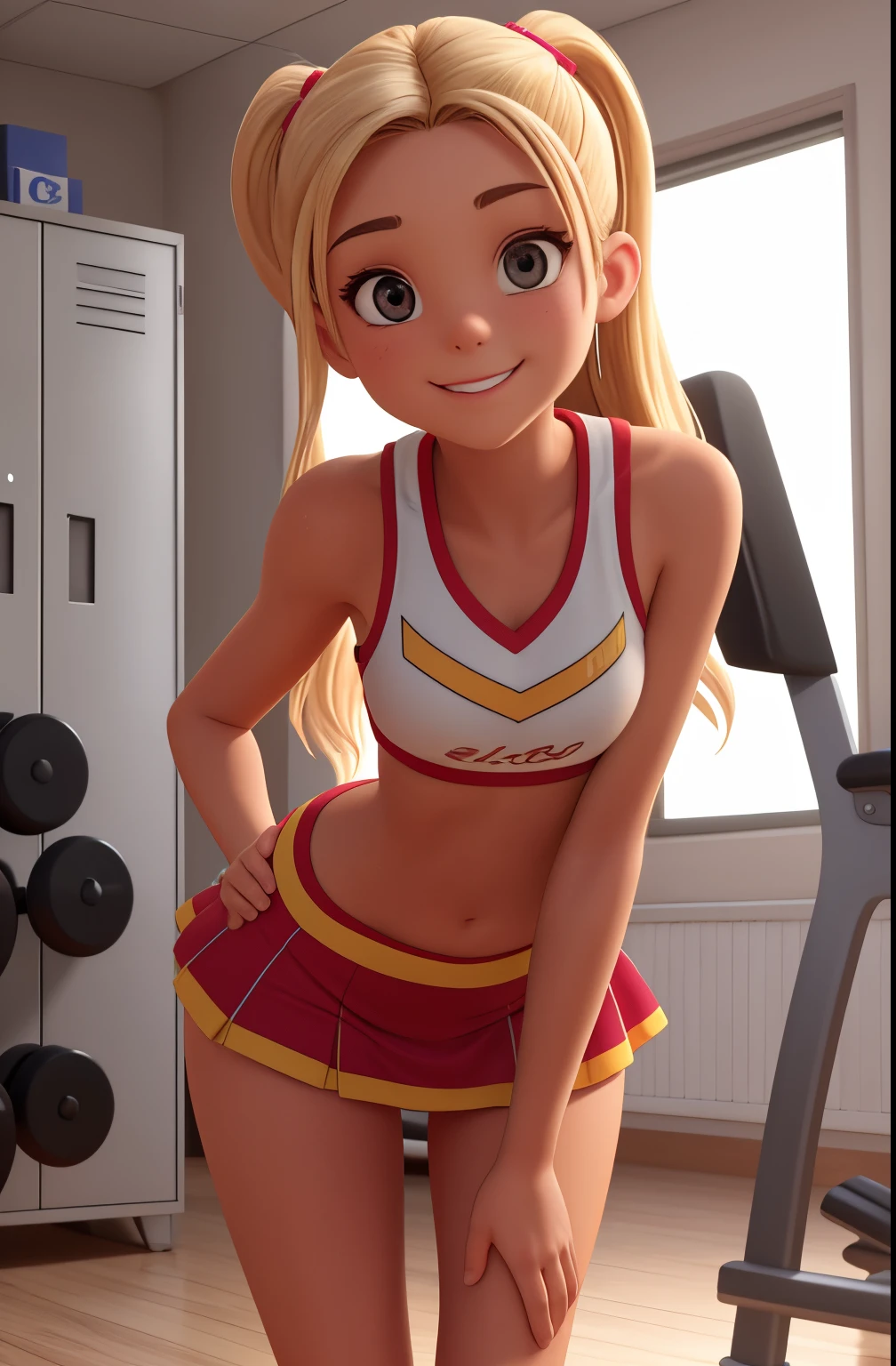 ****ung girl, cheerleader ,in gym locker room, small breasts   random hair styles, beautiful, perfect skin, 8k resolution, perfect lighting, perfect face, perfect shading, extreme detail, shining, tanned skin, bright lighting, taking selfie, bent over desk