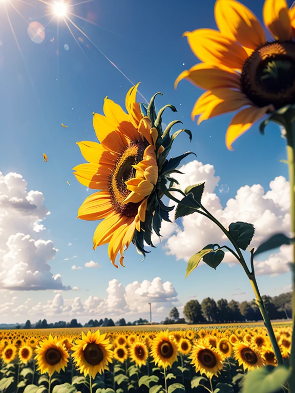 Sunflower, field, Giant Sunflowers around, sunflowers petals on air, landscape, 8K, RAW photo, best quality, masterpiece, magic spread, shiny light, at night