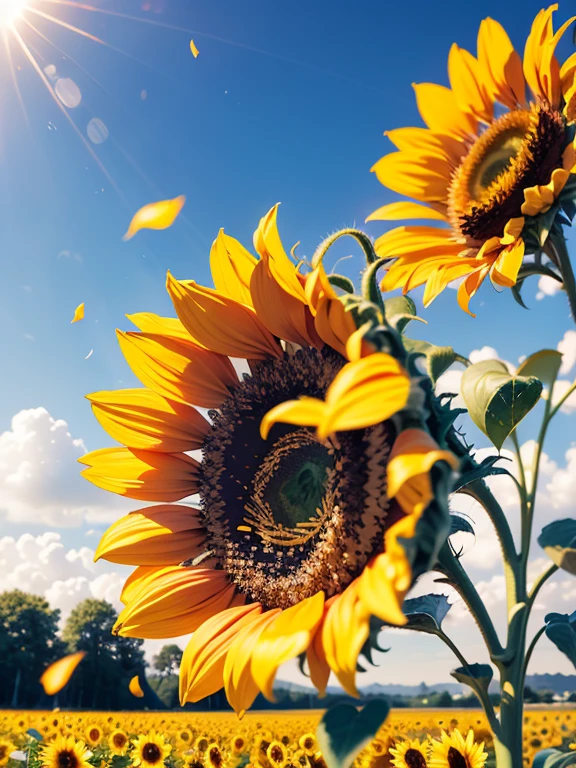 Sunflower, field, Giant Sunflowers around, sunflowers petals on air, landscape, 8K, RAW photo, best quality, masterpiece, magic spread, shiny light, at night