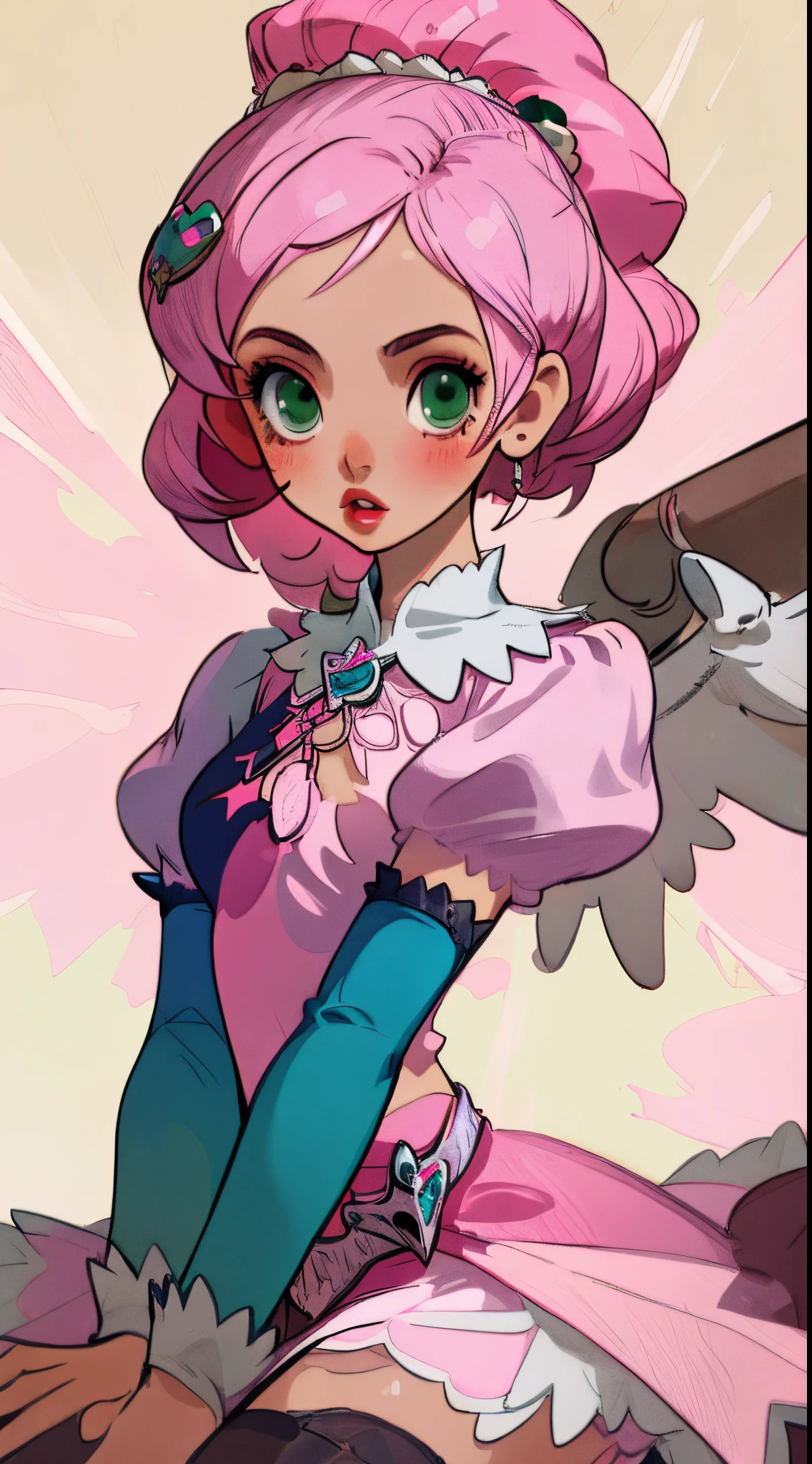 Alisa bosconovitch, melhor qualidade, contemporary, estilo plano, minimalismo, Green Eyes Flat Illustration, cabelo rosa, cabelo curto, cabelos multicoloridos, Camisa Preta, mechanical wings, Head Portrait Close-U, peito pontudo, decote, super decote, middlebreasts, Tekken,cabelo rosa pastel, 1girl, em quimono, hand-painted,Desenho de linha sem cor, colorida do yandere pastel, Tekken, Super cute pink hair girl with gothic makeup on the side, com roupa de empregada,figura esbelta,robusto,He sat on the floor,Vestido com roupas de empregada rosa e branco,cabelos muito curtos,com orelhas de gato,quadratic element,, kawaii cor-de-rosa na roupa da era de 1910, Alisa Bosconovich pink lips, no estilo da paleta de cores suave aurorapunk, an anime illustration of his face, gifs animados, hand drawn animation, charming sketches, suave e brilhante, romantismo nebuloso, Estilo Superflat, fundo branco - ar 1:1 - niji 5 - estilo expressivo --s 50 ,Pink kawaii girl in the era of 1920s clothesPink eagles, vestindo uma camisa branca brilhante, no estilo da paleta de cores suave aurorapunk, an anime illustration of his face, gifs animados, hand drawn animation, charming sketches, suave e brilhante, romantismo nebuloso, Estilo Superflat, fundo branco - ar 1:1 - niji 5 - estilo expressivo --s 50, Absurdo, Alto, ultra detalhados, (1girl:1.3), quebrar , Crie uma imagem com uma bela caligrafia