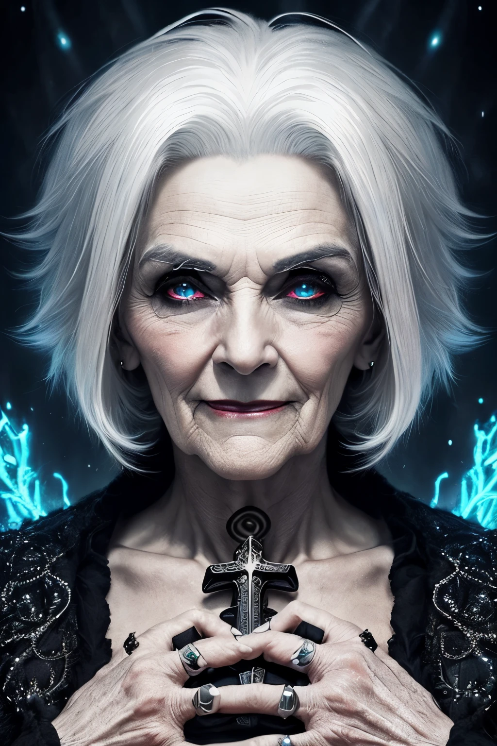 (papel de parede 8k extremamente detalhado), An average photo of a beautiful old woman with necromancer white hair, intrincado, alto detalhe, Dramatic