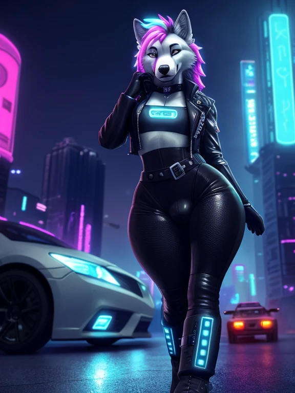 , 3D Photorealistic, Masterpiece realistic, best high quality, perfect details, RAW Photo, intricate details, nice lighting, 4K, detailed background, feminine, male, wolf, cyber, cyberpunk, dystopian, dynamic angle, sexy pose, narrow waist, (wide hips:1.4), big butt, (thick thigh:1.4), detailed leather jacket, neon bodysuit, high big boots, skyscrapers background, neon lights, bokeh, scifi car, glowing hairstyle, bulge, lips,