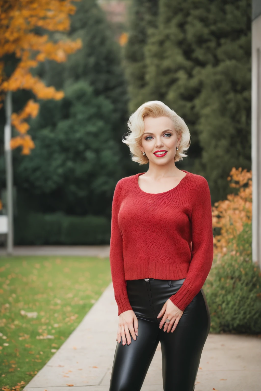 Marilyn Monroe wearing sweater and leather leggings, portrait, beautiful face, pretty eyes, outside, portrait, park, trees, teeth, eyes open, ward winning photo, best quality, full body, JenniferConnelly, nikon d850 film stock photograph 4 kodak 400 camera f1.6 lens rich colors hyper realistic lifelike texture natural lighting trending on artstation cinestill 800, (100mm lens)