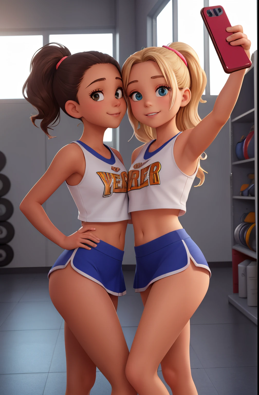 3 young girl, cheerleader ,in gym locker room, small breasts   random hair styles, beautiful, perfect skin, 8k resolution, perfect lighting, perfect face, perfect shading, extreme detail, shining, tanned skin, bright lighting, taking selfie, kissing each other