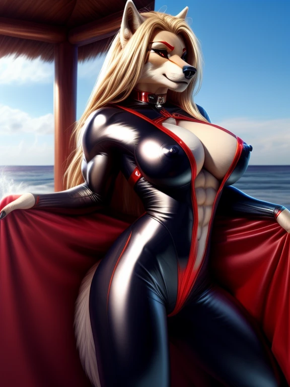 big muscular, women, black, full body latex suit, sexy,
blond long hair, 200cm tall, sea, nipple, wolf furry, big boobs, tail, femdom, beautiful,sexy pose, anal fuck
