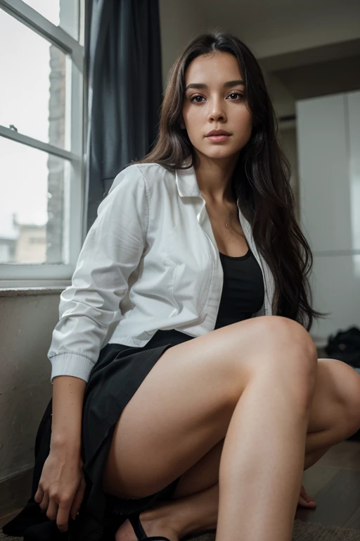 1girl, Solo, One woman of about 25 years old, black long hair, Close-up portrait, Hazel eyes, Bewitching look, Inviting look,white shirt, black light jacket, black long skirt, black pantyhose, in the room, street photography, mature woman, body measurement 36-25-35, RAW Photography, 8k, , Masterpiece, Full Body Shooting, Top Quality, Fine Pore, Realistic, Photorealistic, Ultra Detailed
