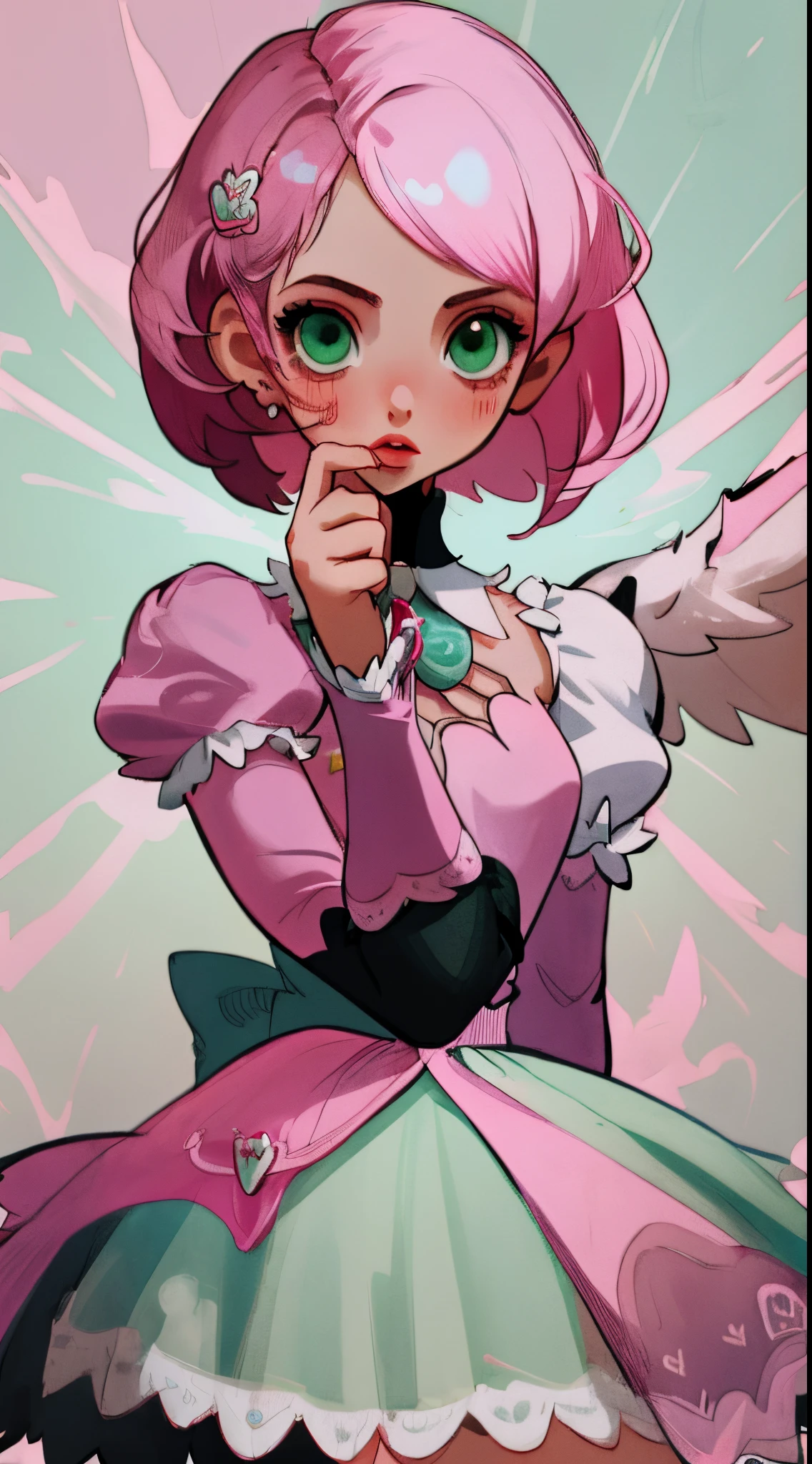 Alisa bosconovitch, melhor qualidade, contemporary, estilo plano, minimalismo, Green Eyes Flat Illustration, cabelo rosa, cabelo curto, cabelos multicoloridos, Camisa Preta, mechanical wings, Head Portrait Close-U, peito pontudo, decote, super decote, middlebreasts, Tekken,cabelo rosa pastel, 1girl, em quimono, hand-painted,Desenho de linha sem cor, colorida do yandere pastel, Tekken, Super cute pink hair girl with gothic makeup on the side, com roupa de empregada,figura esbelta,robusto,He sat on the floor,Vestido com roupas de empregada rosa e branco,cabelos muito curtos,com orelhas de gato,quadratic element,, kawaii cor-de-rosa na roupa da era de 1910, Alisa Bosconovich pink lips, no estilo da paleta de cores suave aurorapunk, an anime illustration of his face, gifs animados, hand drawn animation, charming sketches, suave e brilhante, romantismo nebuloso, Estilo Superflat, fundo branco - ar 1:1 - niji 5 - estilo expressivo --s 50 ,Pink kawaii girl in the era of 1920s clothesPink eagles, vestindo uma camisa branca brilhante, no estilo da paleta de cores suave aurorapunk, an anime illustration of his face, gifs animados, hand drawn animation, charming sketches, suave e brilhante, romantismo nebuloso, Estilo Superflat, fundo branco - ar 1:1 - niji 5 - estilo expressivo --s 50, Absurdo, Alto, ultra detalhados, (1girl:1.3), quebrar , Crie uma imagem com uma bela caligrafia