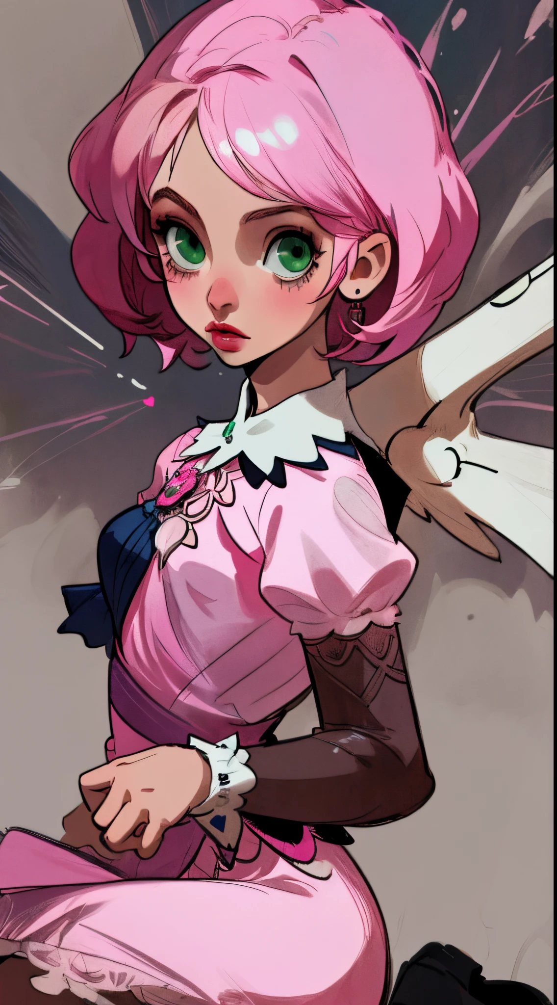 Alisa bosconovitch, melhor qualidade, contemporary, estilo plano, minimalismo, Green Eyes Flat Illustration, cabelo rosa, cabelo curto, cabelos multicoloridos, Camisa Preta, mechanical wings, Head Portrait Close-U, peito pontudo, decote, super decote, middlebreasts, Tekken,cabelo rosa pastel, 1girl, em quimono, hand-painted,Desenho de linha sem cor, colorida do yandere pastel, Tekken, Super cute pink hair girl with gothic makeup on the side, com roupa de empregada,figura esbelta,robusto,He sat on the floor,Vestido com roupas de empregada rosa e branco,cabelos muito curtos,com orelhas de gato,quadratic element,, kawaii cor-de-rosa na roupa da era de 1910, Alisa Bosconovich pink lips, no estilo da paleta de cores suave aurorapunk, an anime illustration of his face, gifs animados, hand drawn animation, charming sketches, suave e brilhante, romantismo nebuloso, Estilo Superflat, fundo branco - ar 1:1 - niji 5 - estilo expressivo --s 50 ,Pink kawaii girl in the era of 1920s clothesPink eagles, vestindo uma camisa branca brilhante, no estilo da paleta de cores suave aurorapunk, an anime illustration of his face, gifs animados, hand drawn animation, charming sketches, suave e brilhante, romantismo nebuloso, Estilo Superflat, fundo branco - ar 1:1 - niji 5 - estilo expressivo --s 50, Absurdo, Alto, ultra detalhados, (1girl:1.3), quebrar , Crie uma imagem com uma bela caligrafia