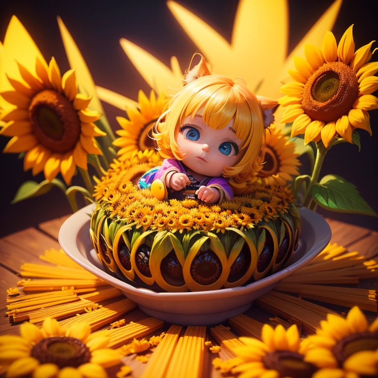 "Sunflower. in a pile of Sunflower and Sunflower canes, cute colorful, digital painting, cute detailed digital art, hyper colorful, neon coloring, cute digital art, beeple colors, colorful hd picure, beeple and jeremiah ketner, glowing lights! digital painting, cute 3 d render"
