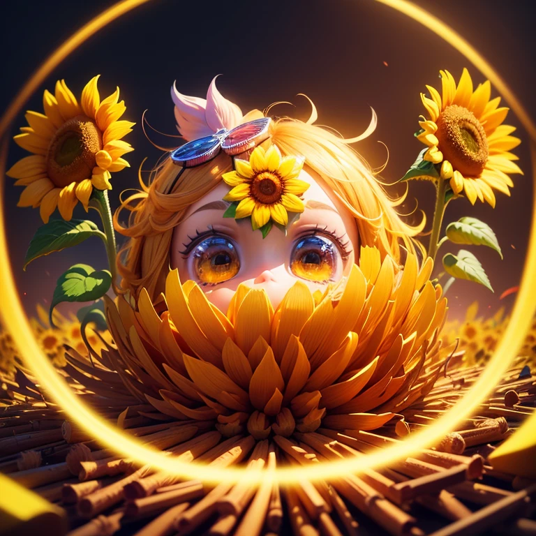 "Sunflower. in a pile of Sunflower and Sunflower canes, cute colorful, digital painting, cute detailed digital art, hyper colorful, neon coloring, cute digital art, beeple colors, colorful hd picure, beeple and jeremiah ketner, glowing lights! digital painting, cute 3 d render"
