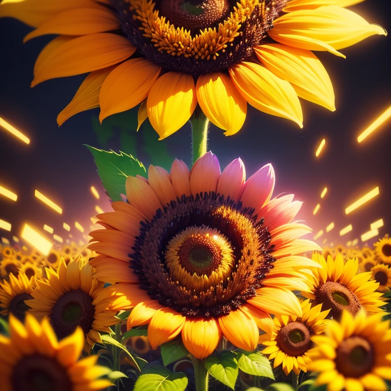 "Sunflower. in a pile of Sunflower and Sunflower canes, cute colorful, digital painting, cute detailed digital art, hyper colorful, neon coloring, cute digital art, beeple colors, colorful hd picure, beeple and jeremiah ketner, glowing lights! digital painting, cute 3 d render"