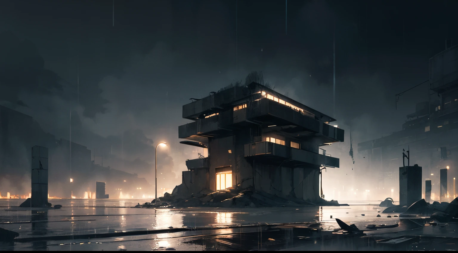 absurdres, highres, ultra detailed, (1girl:1.3), , brutalist art, raw concrete, geometric forms, architectural sculptures, bold textures, industrial aesthetic, unadorned surfaces , digital painting, virtual brushstrokes, versatile techniques, realistic textures, creative, modern artistic expression, abstract brutalist architecture, heavy rain, rain drops, night time, dark lightning, dark atmosphere, moody atmosphere, dramatic lighting, high contrast, crescent moon