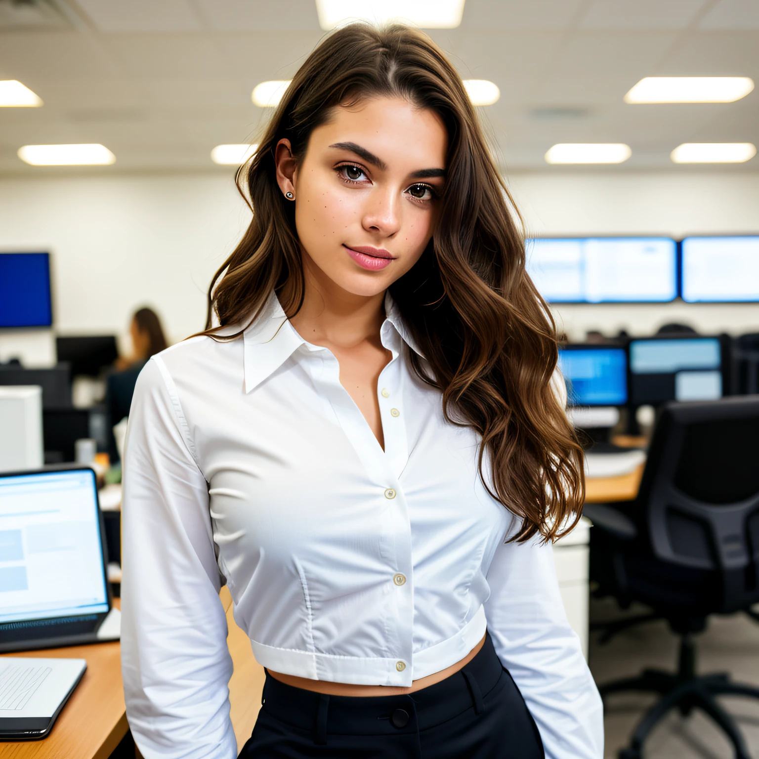 beautiful 23 y.o Beautiful brunette, innocent face, naturally wavy hair, high resolution, Masterpiece, Best quality, a woman in a white shirt and black pants, In the background is an office with computers, blurred background, business clothes, casual business clothes, wearing a stylish outfit, girl in a suit, wearing stylish casual clothes, office clothes, business clothes, modern fashion clothes, cropped shirt with a jacket, girl in a suit, wearing a business suit, very detailed, innocent face, natural wavy long hair, brown eyes, high resolution, masterpiece, best quality, intricate details, highly detailed, sharp focus, detailed skin, realistic skin texture, texture, detailed eyes, professional, 4k, charming smile, shot on Canon, 85mm, shallow depth of field, kodak vision color, perfect fit body, extremely detailed, foto_\(ultra\), photorealistic, realistic, post-processing, maximum detail, roughness, real life, ultra-realistic, photorealism, photography, 8k UHD, photography