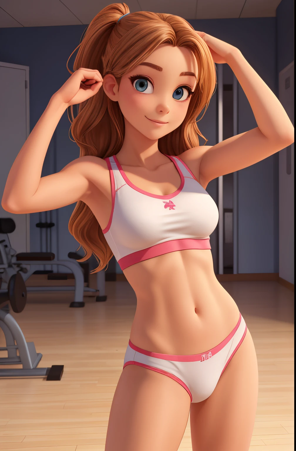 1 young cheerleader, bra and panties,in gym locker room, small breasts   random hair styles, beautiful, perfect skin, 8k resolution, perfect lighting, perfect face, perfect shading, extreme detail, shining, tanned skin, bright lighting, taking selfie