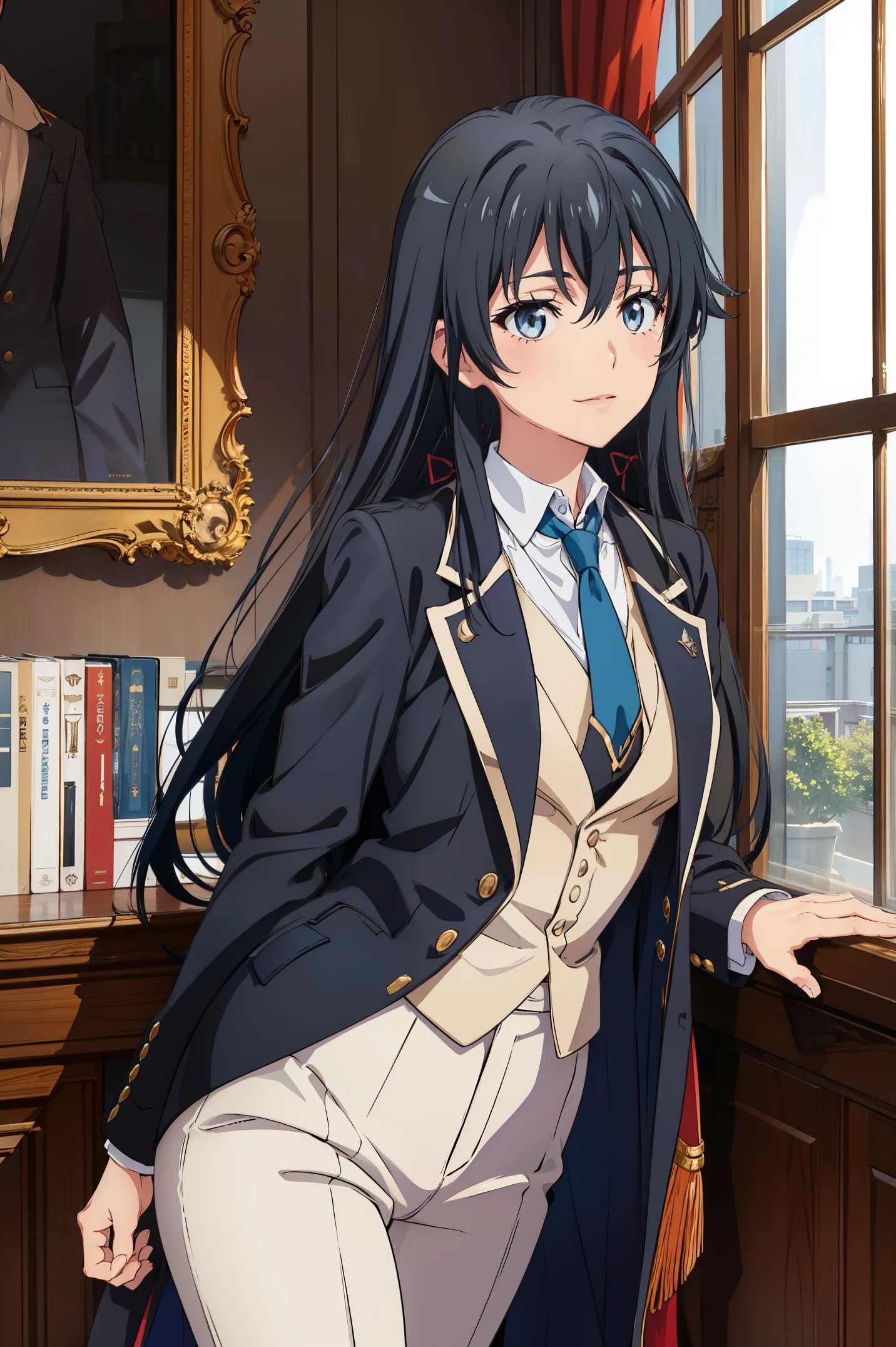 Yukinoshita yukino ,woman in formal attractive tailcoat standing in a large alcove in the room , 1girl, solo, blue necktie, black hair, blue eyes, long hair, smile , collared shirt, white pants, white shirt , tailored tailcoat elegant , standing in front of a window ,tailcoat tailored to perfection. Featuring striking Victorian theme and crafted from the lustrous fabric