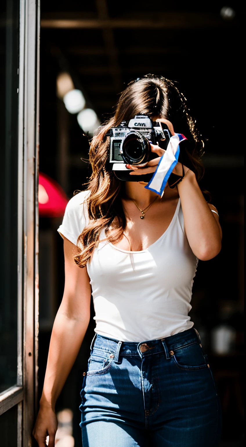 ((best quality)), ((masterpiece)), (detailed), Photorealistic picture of a sexy woman ((photographer)). europen, blond wavy long hair. She's wearing a fitted top with a neckline, jeans, ((holding a camera in her hand)). The full silhouette of the figure against a uniform background with plenty of details. Unfiltered skin, gaze directed towards the camera. Contrasting light with a halo effect, moodily lit, using a 'gloom' effect, featuring a significant depth of field ((solid background))
