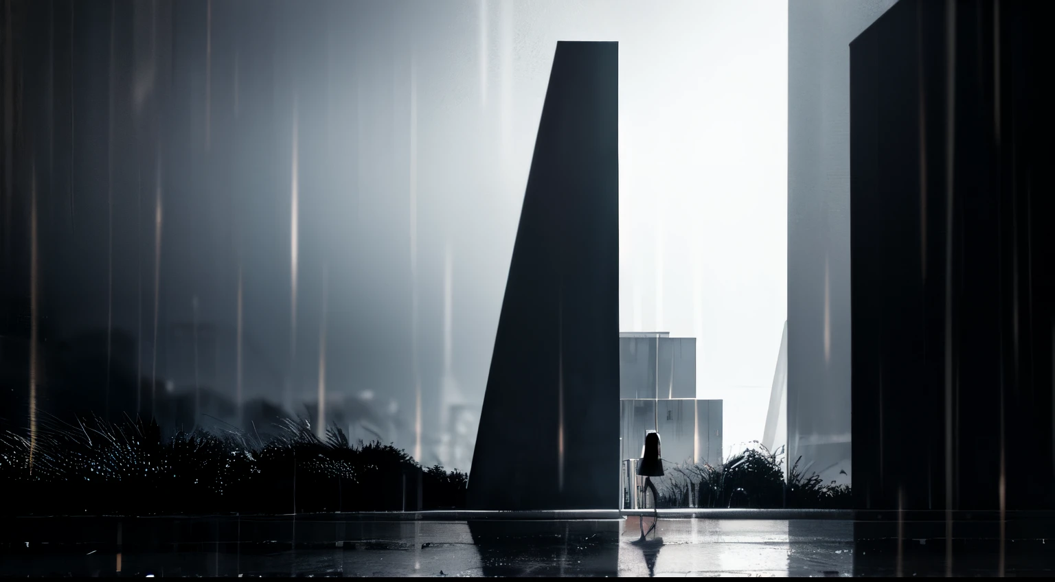 absurdres, highres, ultra detailed, (1girl:1.3), , brutalist art, raw concrete, geometric forms, architectural sculptures, bold textures, industrial aesthetic, unadorned surfaces , digital painting, virtual brushstrokes, versatile techniques, realistic textures, creative, modern artistic expression, abstract brutalist architecture, heavy rain, rain drops, night time, dark lightning, dark atmosphere, moody atmosphere, dramatic lighting, high contrast, crescent moon