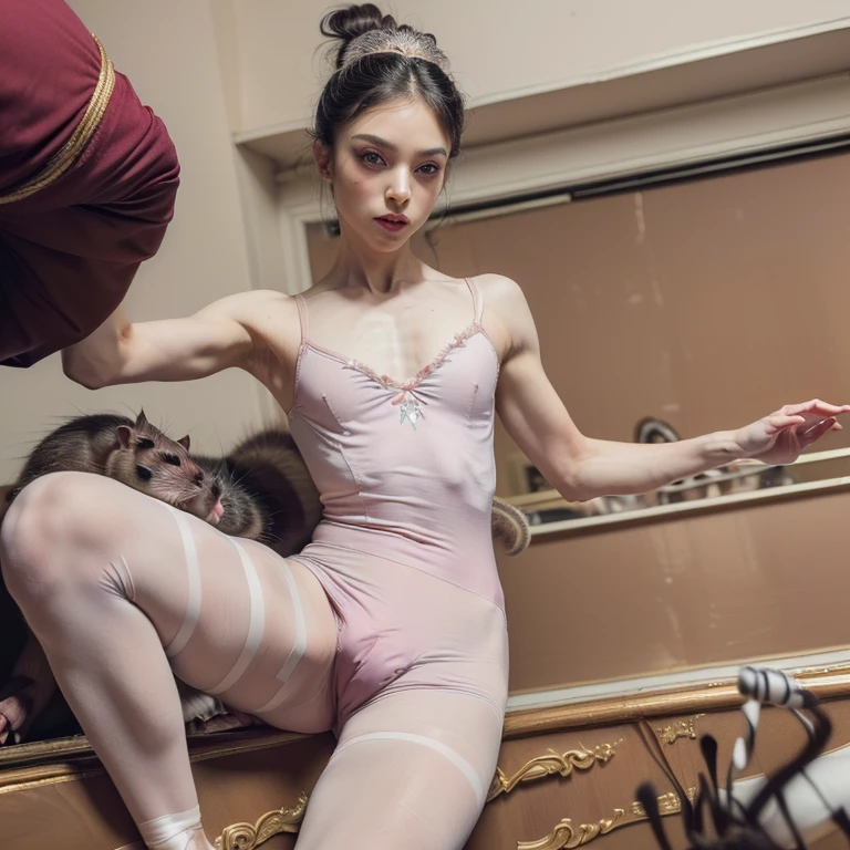 (8k, best quality, masterpiece, RAW photo, beautiful eyes, ballet tights, crotch bulge, nutcracker ballet:1.35), (2 ballet dancers, prince kills rat king:1.5)