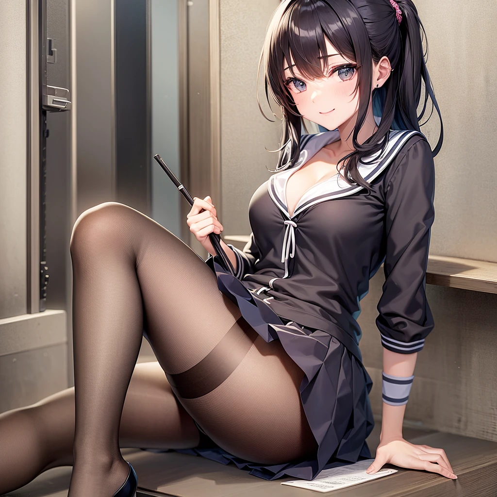 ((masutepiece)), (((Best Quality))), ((Ultra-detailed)), ((Illustration)), ((disheveled hair)), Lori,pantyhose,serafuku,Sitting,Smile,Miniskirt,Twin-tailed,Black hair