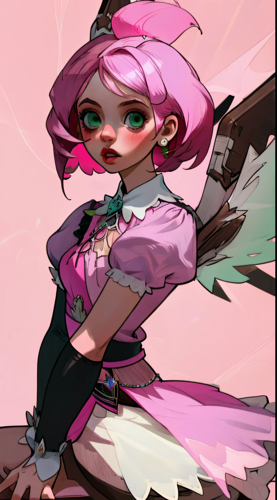 Alisa bosconovitch, melhor qualidade, contemporary, estilo plano, minimalismo, Green Eyes Flat Illustration, cabelo rosa, cabelo curto, cabelos multicoloridos, Camisa Preta, mechanical wings, Head Portrait Close-U, peito pontudo, decote, super decote, middlebreasts, Tekken,cabelo rosa pastel, 1girl, em quimono, hand-painted,Desenho de linha sem cor, colorida do yandere pastel, Tekken, Super cute pink hair girl with gothic makeup on the side, com roupa de empregada,figura esbelta,robusto,He sat on the floor,Vestido com roupas de empregada rosa e branco,cabelos muito curtos,com orelhas de gato,quadratic element,, kawaii cor-de-rosa na roupa da era de 1910, Alisa Bosconovich pink lips, no estilo da paleta de cores suave aurorapunk, an anime illustration of his face, gifs animados, hand drawn animation, charming sketches, suave e brilhante, romantismo nebuloso, Estilo Superflat, fundo branco - ar 1:1 - niji 5 - estilo expressivo --s 50 ,Pink kawaii girl in the era of 1920s clothesPink eagles, vestindo uma camisa branca brilhante, no estilo da paleta de cores suave aurorapunk, an anime illustration of his face, gifs animados, hand drawn animation, charming sketches, suave e brilhante, romantismo nebuloso, Estilo Superflat, fundo branco - ar 1:1 - niji 5 - estilo expressivo --s 50, Absurdo, Alto, ultra detalhados, (1girl:1.3), quebrar , Crie uma imagem com uma bela caligrafia