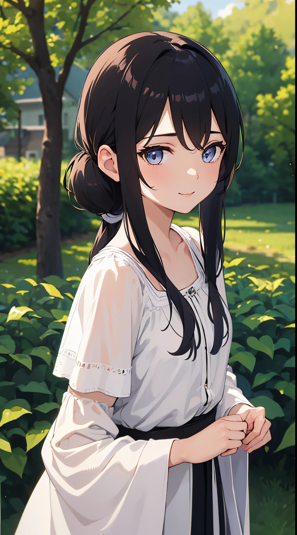 Soft skin, beautiful, mature, dark hair, sapphire eyes, tied-up hair, gentle smile, adult, western peasant clothes, village background, side ponytails, elegant, poised, majestic, medium body frame, hairpin, standing up [masterpiece, ultra-detailed, best quality]