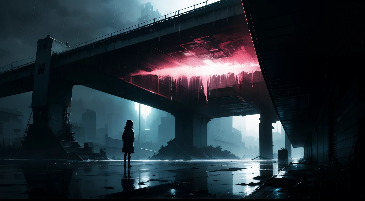 absurdres, highres, ultra detailed, (1girl:1.3), , brutalist art, raw concrete, geometric forms, architectural sculptures, bold textures, industrial aesthetic, unadorned surfaces , digital painting, virtual brushstrokes, versatile techniques, realistic textures, creative, modern artistic expression, abstract brutalist architecture, heavy rain, rain drops, night time, dark lightning, dark atmosphere, moody atmosphere, dramatic lighting, high contrast, girl up close crouching,