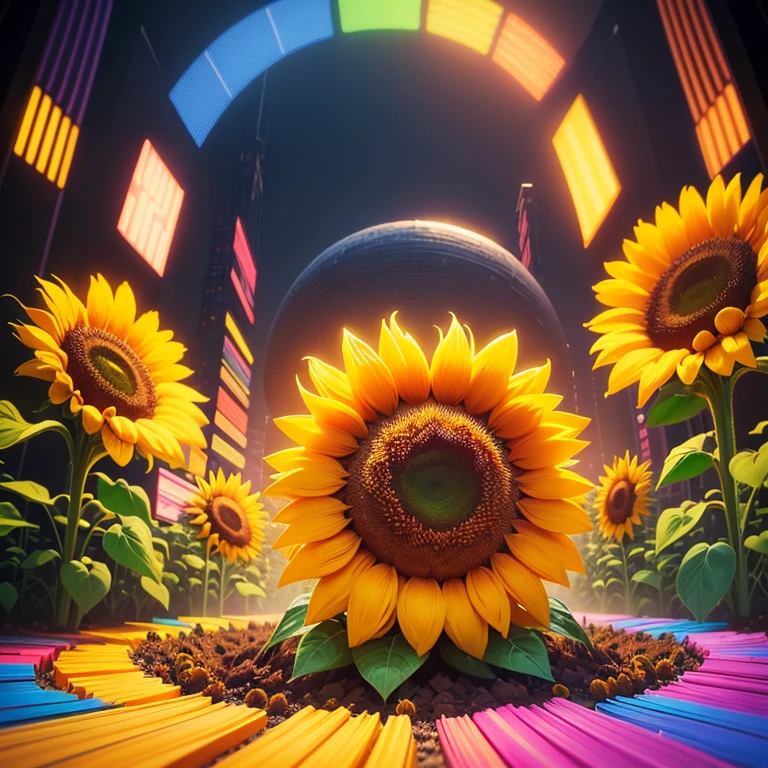 "Sunflower. in a pile of Sunflower and Sunflower canes, cute colorful, digital painting, cute detailed digital art, hyper colorful, neon coloring, cute digital art, beeple colors, colorful hd picure, beeple and jeremiah ketner, glowing lights! digital painting, cute 3 d render"