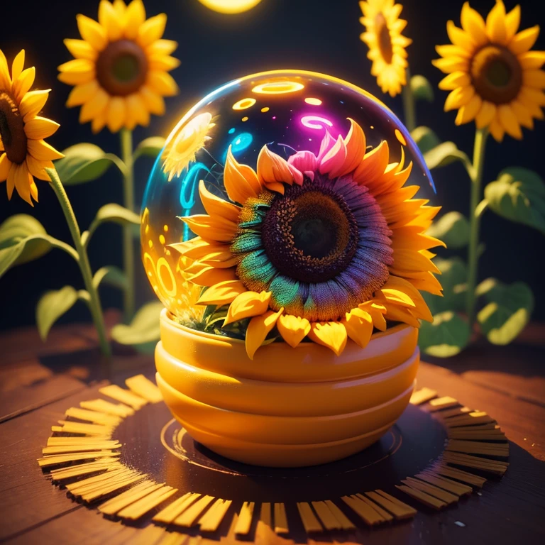 "Sunflower. in a pile of Sunflower and Sunflower canes, cute colorful, digital painting, cute detailed digital art, hyper colorful, neon coloring, cute digital art, beeple colors, colorful hd picure, beeple and jeremiah ketner, glowing lights! digital painting, cute 3 d render"