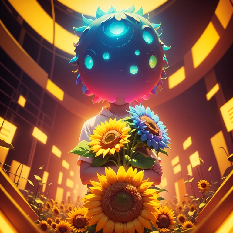 "Sunflower. in a pile of Sunflower and Sunflower canes, cute colorful, digital painting, cute detailed digital art, hyper colorful, neon coloring, cute digital art, beeple colors, colorful hd picure, beeple and jeremiah ketner, glowing lights! digital painting, cute 3 d render"