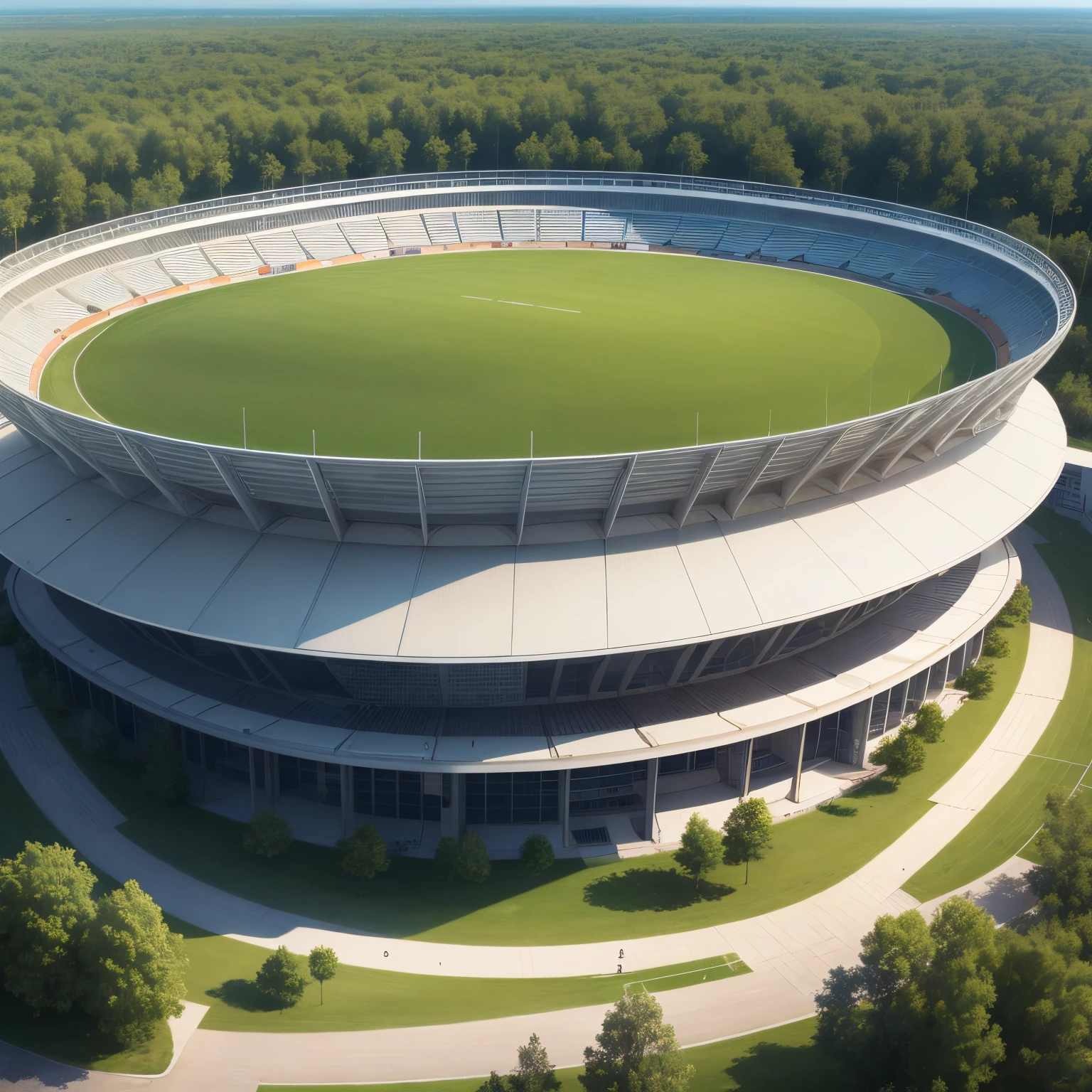 A stadium, the colors of the stadium must be white and blue, on a side should write vrem stema inapoi, a lot of trees outside the stadium and a lot of supporters inside