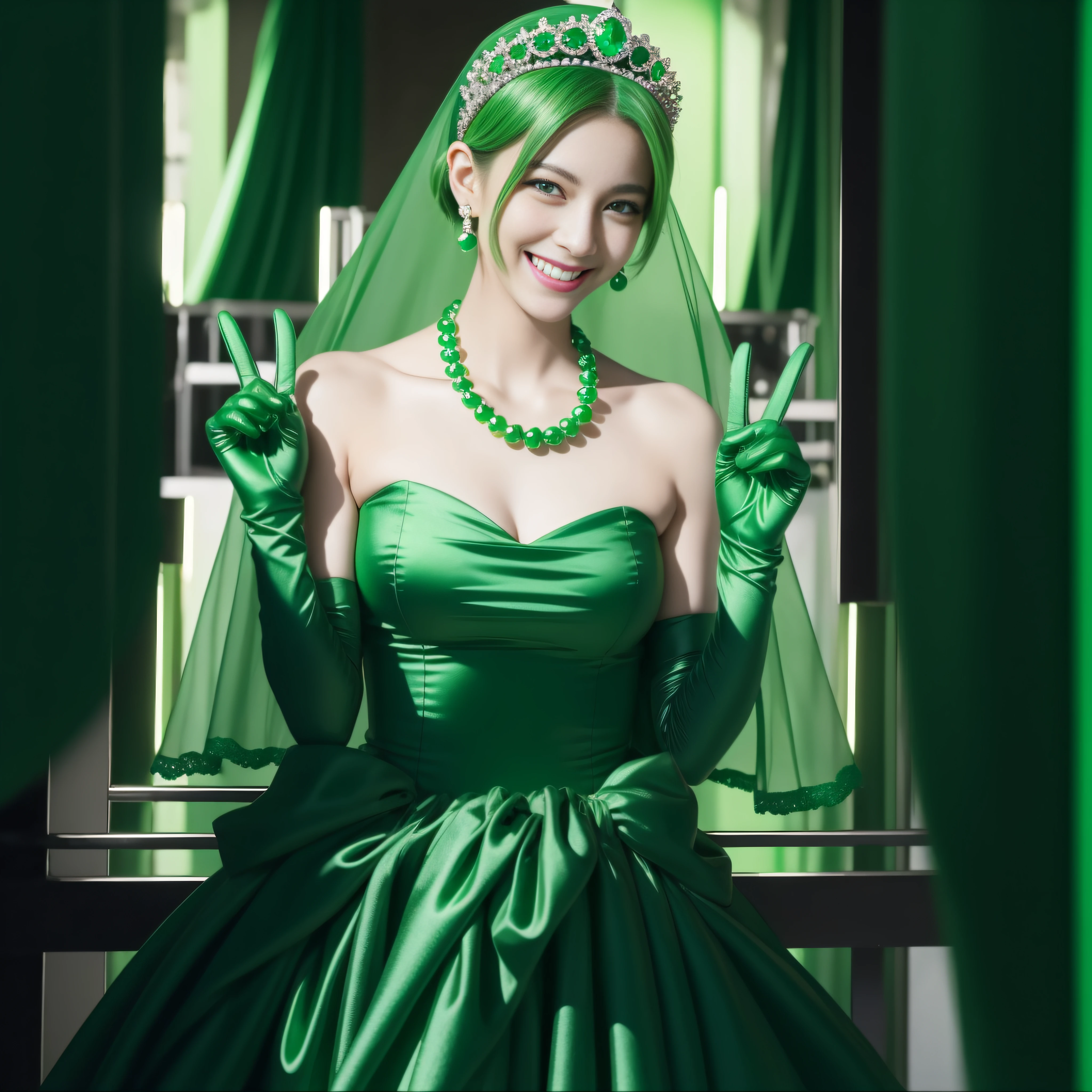 emerald tiara, Green Pearl Necklace, Boyish very short green hair, lipsticks, Japan woman smiling, very short short hair, big breasts beautiful, Green eyes, Long green gloves made of satin material, Green eyes, v sign,V-sign with both hands, Emerald Earrings, Green hair