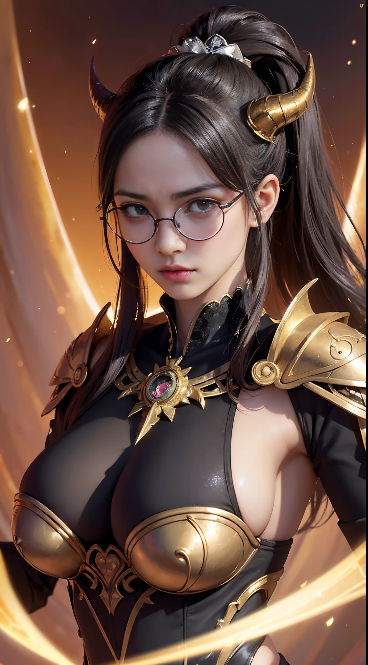 Fine、(The best illustrations)、8k UHD resolution、intricate-detail、top-quality、realisitic、ultra-detailliert、The best lighting、Best Shadows、Soft lighting、Ulutra HD、Ultra-realistic、Tindall Effect、Photorealsitic、(High Detail Skins:1.2)、 (Intricate details, makeup, pureerosface_v1:0.5), (Detailed beautiful delicate face, Detailed beautiful delicate eyes, A perfectly proportioned face, High detailed skin, Detailed skin, best ratio four finger and one thumb, arms below breasts, Tattoo with a red glow under the stomach、Awesome awesome, wide hips, smooth midriff, skiny and thin, __Fashion__, __hair__:1.25)、Digital SLR、 absurd realistic work: 1.3), (max resolution: 1.2), (Ultra HDTV: 1.2), cinematric light, Detailed eyes and skin, detailed facial features, , (Sharp Focus: 1.2）, (Focus on Face:1.2),Perfect Style, Beautiful face, acurate, Anatomically correct, Highly detailed face and skin texture, Detailed eyes, Double eyelids, Thin eyebrows, Glitter Eyeliner: 1 Natural cheeks, Glossy skin, Fair skin: 1.2, (Glossy lips: 1.4),(Shy look: 1.2),Highly detailed facial and skin texture, Detailed eyes, Double eyelids, Natural cheeks,  shiny lips: 1.4,Exposed cleavage、Bewitching。a 、Seductive、Chest emphasis、((((Huge glasses, Otaku Glasses, thick glasses, Round glasses)))),The long-haired、Braid hair、Ponytail distortion、, Ponytail with a bow tied at the back of the hair, huge solemn expression、Body Up、Big breasts emphasis, Super tight breasts, Breast augmentation surgery, The breasts are very big and round and round,Toned waist、 Meet beautiful girls, Look at the girl's body, In the Dark、Bat Wings，(((small demonic horns)))、(Devil's Tail)、(Detailed spooky backgrounds:0.8)、demon girls，wear armor made of skeletons，Long grey hair，Beautiful and delicate skull decoration and fluorescent green magic sword that shines red，emits eerie demonic flames，Contour light，green flash particles，translucent magic sword、 Ancient Chinese style,Night, dramatic compositions, Sword qi surrounding, Goddess of War, (Dynamic Posture: 1.3), Thick armor reveals the heart of the conflict, (Fine detail), radiant light, Powerful light area, (armor of historical importance:1.2),magia、 glittering metal armor, (Magic symbols shine on the armor:1.3), (Magical magic swirled around her:1.3), Long white hair waving in the wind in every detail, Detailed weapon holding, (Sharp sword, Radiant:1.3), ((gold armour)), (intense expression:1.1), (Its light is、Highlighting her dominance and rebirth behind the scenes:1.4), (Wisdom and Rebirth:1.2), (Strong stance:1.2), (Overwhelming mystical power:1.2), (Sparkling sweat:1.1), armor decorated with jewels, (The contrast between silver and gold:1.3)、wear magic armor、Purple Pink Silk Dress, The face of the beautiful goddess Athena without blemish, Sexy light yellow nightgown, long to, A thin nightgown of a saint with lots of exciting black lace details was felt, The legend of the holy goddess, Saint Icon, Elegant glitter beautiful saint style, dark and mysterious version, Holy Female Crown,energy ball between hands、