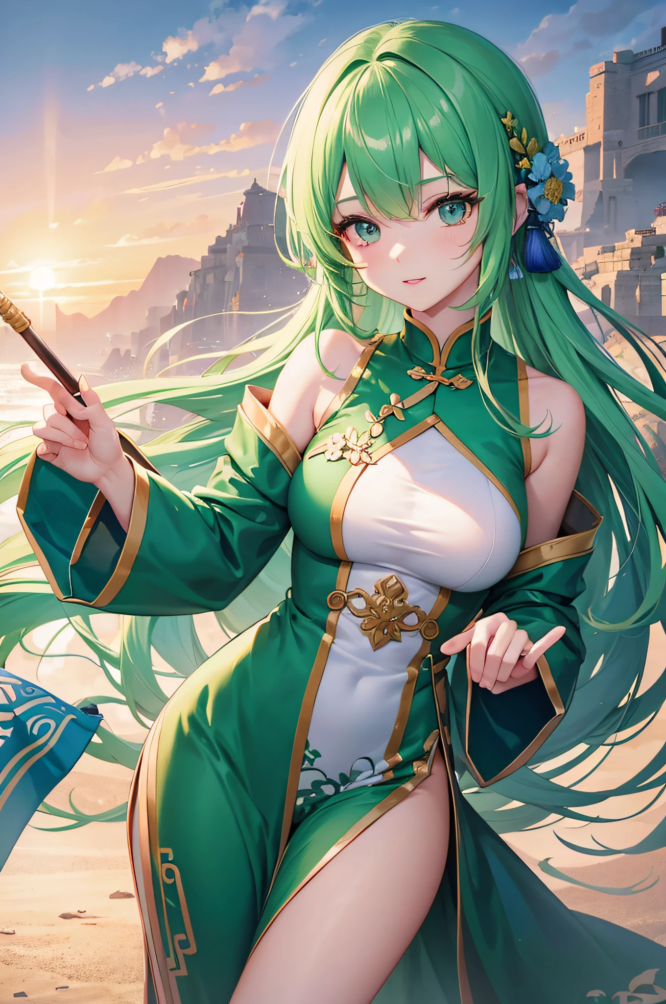 4K,hight resolution,One Woman,bright green hair,Longhaire,ancient chinese military commander,white green cheongsam,spear,Ancient Chinese Villages