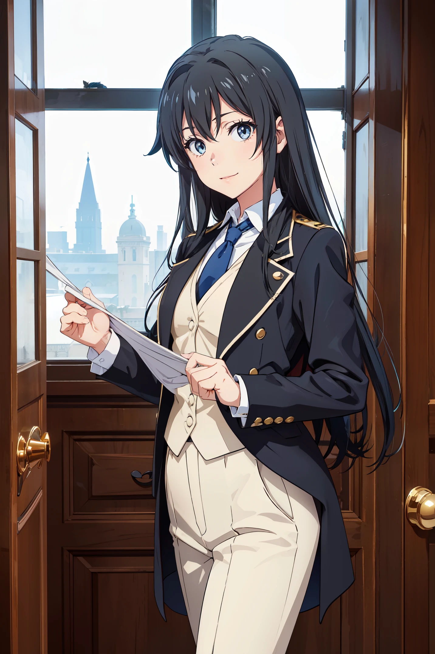 Yukinoshita yukino ,woman in formal attractive tailcoat standing in a large alcove in the room , 1girl, solo, blue necktie, black hair, blue eyes, long hair, smile , collared shirt, white pants, white shirt , tailored tailcoat elegant , standing in front of a window ,tailcoat tailored to perfection. Featuring striking Victorian theme and crafted from the lustrous fabric