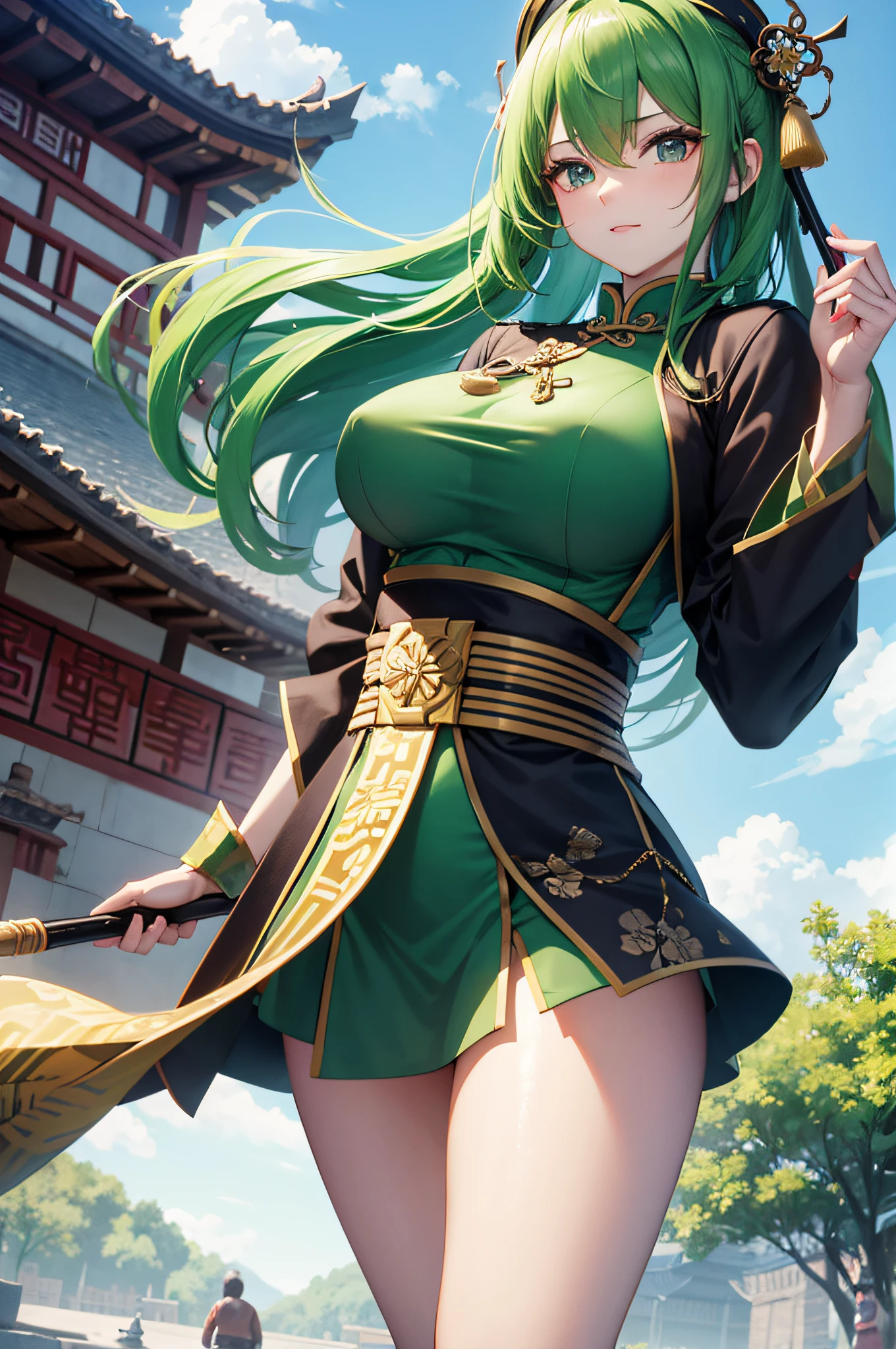 4K,hight resolution,One Woman,bright green hair,Longhaire,Colossal tits,ancient chinese military commander,white green cheongsam,spear,Ancient Chinese Villages