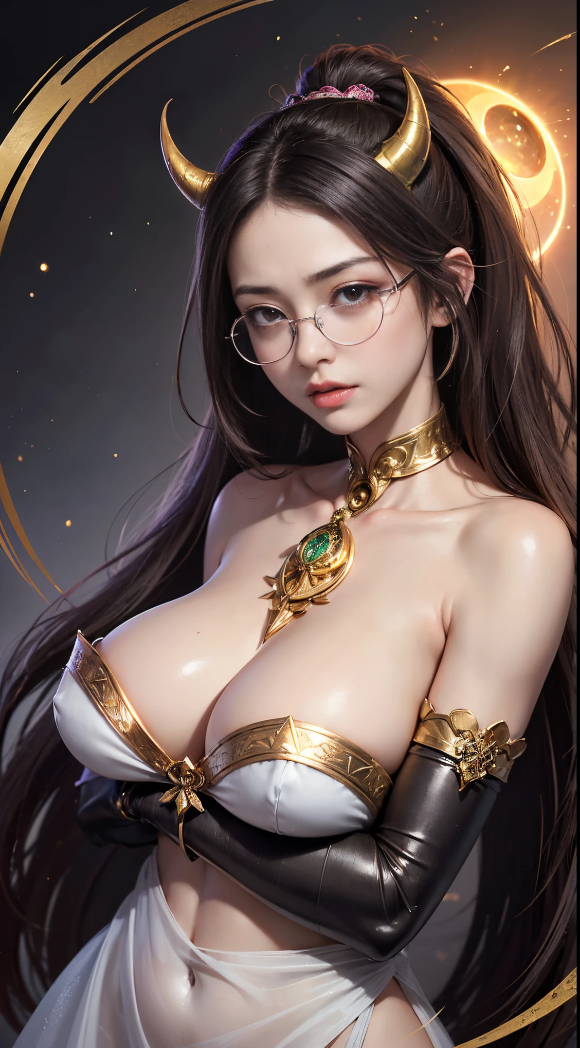 Fine、(The best illustrations)、8k UHD resolution、intricate-detail、top-quality、realisitic、ultra-detailliert、The best lighting、Best Shadows、Soft lighting、Ulutra HD、Ultra-realistic、Tindall Effect、Photorealsitic、(High Detail Skins:1.2)、 (Intricate details, makeup, pureerosface_v1:0.5), (Detailed beautiful delicate face, Detailed beautiful delicate eyes, A perfectly proportioned face, High detailed skin, Detailed skin, best ratio four finger and one thumb, arms below breasts, Tattoo with a red glow under the stomach、Awesome awesome, wide hips, smooth midriff, skiny and thin, __Fashion__, __hair__:1.25)、Digital SLR、 absurd realistic work: 1.3), (max resolution: 1.2), (Ultra HDTV: 1.2), cinematric light, Detailed eyes and skin, detailed facial features, , (Sharp Focus: 1.2）, (Focus on Face:1.2),Perfect Style, Beautiful face, acurate, Anatomically correct, Highly detailed face and skin texture, Detailed eyes, Double eyelids, Thin eyebrows, Glitter Eyeliner: 1 Natural cheeks, Glossy skin, Fair skin: 1.2, (Glossy lips: 1.4),(Shy look: 1.2),Highly detailed facial and skin texture, Detailed eyes, Double eyelids, Natural cheeks,  shiny lips: 1.4,Exposed cleavage、Bewitching。a baby face、Seductive、Chest emphasis、((((Huge glasses, Otaku Glasses, thick glasses, Round glasses)))),The long-haired、Braid hair、Ponytail distortion、, Ponytail with a bow tied at the back of the hair, huge solemn expression、Body Up、Big breasts emphasis, Super tight breasts, Breast augmentation surgery, The breasts are very big and round and round,Toned waist、 Meet beautiful girls, Look at the girl's body, In the Dark、Bat Wings，(((small demonic horns)))、(Devil's Tail)、(Detailed spooky backgrounds:0.8)、demon girls，wear armor made of skeletons，Long grey hair，Beautiful and delicate skull decoration and fluorescent green magic sword that shines red，emits eerie demonic flames，Contour light，green flash particles，translucent magic sword、 Ancient Chinese style,Night, dramatic compositions, Sword qi surrounding, Goddess of War, (Dynamic Posture: 1.3), Thick armor reveals the heart of the conflict, (Fine detail), radiant light, Powerful light area, (armor of historical importance:1.2),magia、 glittering metal armor, (Magic symbols shine on armor:1.3), (Magical magic swirled around her:1.3), Long white hair waving in the wind in every detail, Detailed weapon holding, (Sharp sword, Radiant:1.3), ((gold armour)), (intense expression:1.1), (Its light is、Highlighting her dominance and rebirth behind the scenes:1.4), (Wisdom and Rebirth:1.2), (Strong stance:1.2), (Overwhelming mystical power:1.2), (Sparkling sweat:1.1), armor decorated with jewels, (The contrast between silver and gold:1.3)、wear magic armor、Purple Pink Silk Dress, The face of the beautiful goddess Athena without blemish, Sexy light yellow nightgown, long to, A thin nightgown of a saint with lots of exciting black lace details was felt, The legend of the holy goddess, Saint Icon, Elegant glitter beautiful saint style, dark and mysterious version, Holy Female Crown,energy ball between hands、