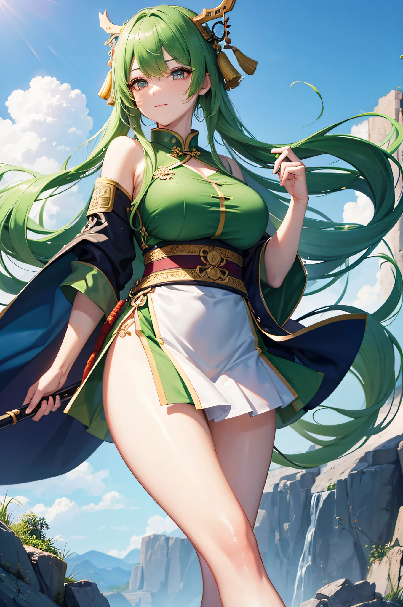 4K,hight resolution,One Woman,bright green hair,Longhaire,Colossal tits,ancient chinese military commander,white green cheongsam,spear,Ancient Chinese Villages