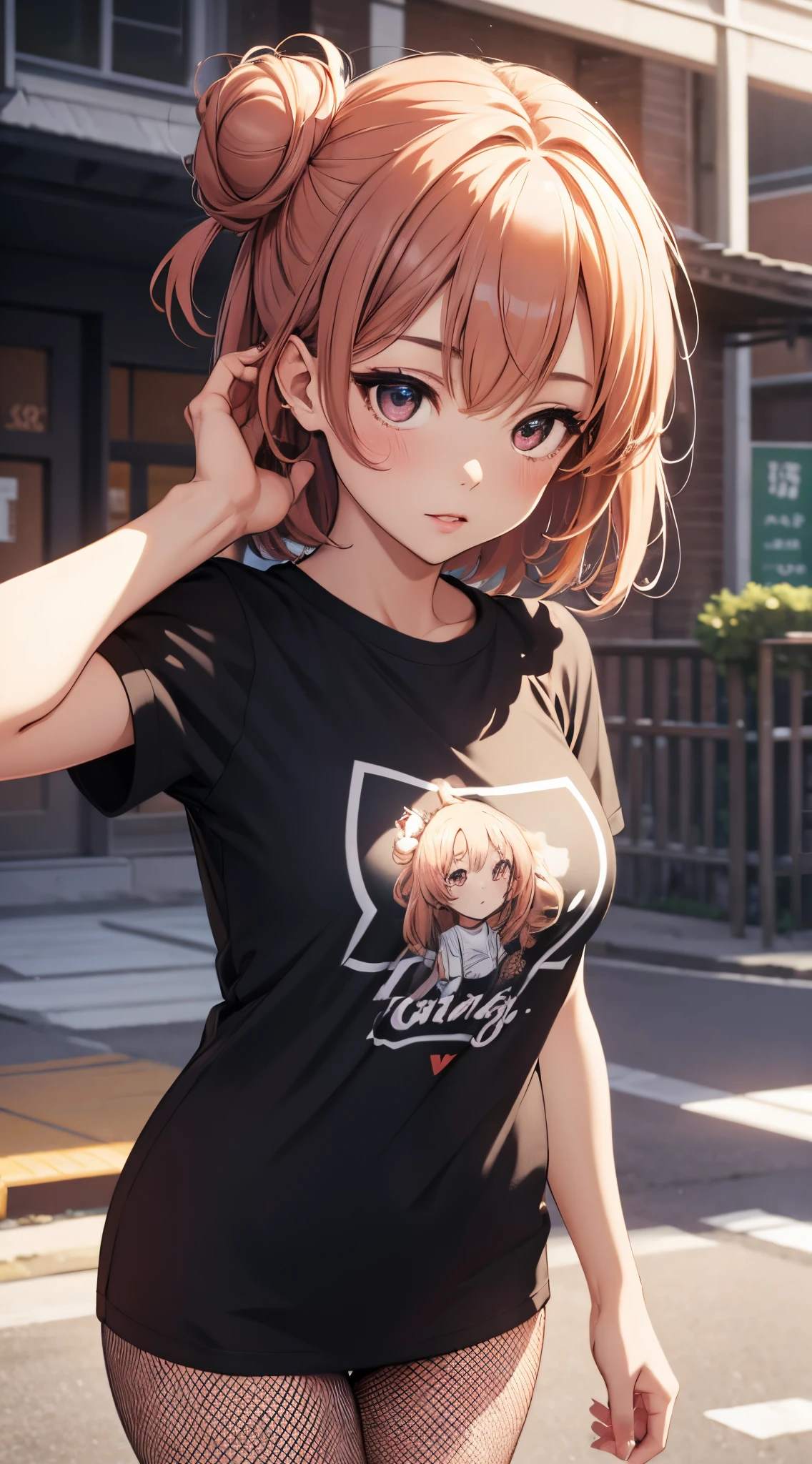 1girl, solo, masterpiece, best quality, high res, highly detailed, (illustration), beatiful detailed eyes, yuigahama yui, single hair bun, glossy lips, light makeup, standing, t-shirt, (fishnet)