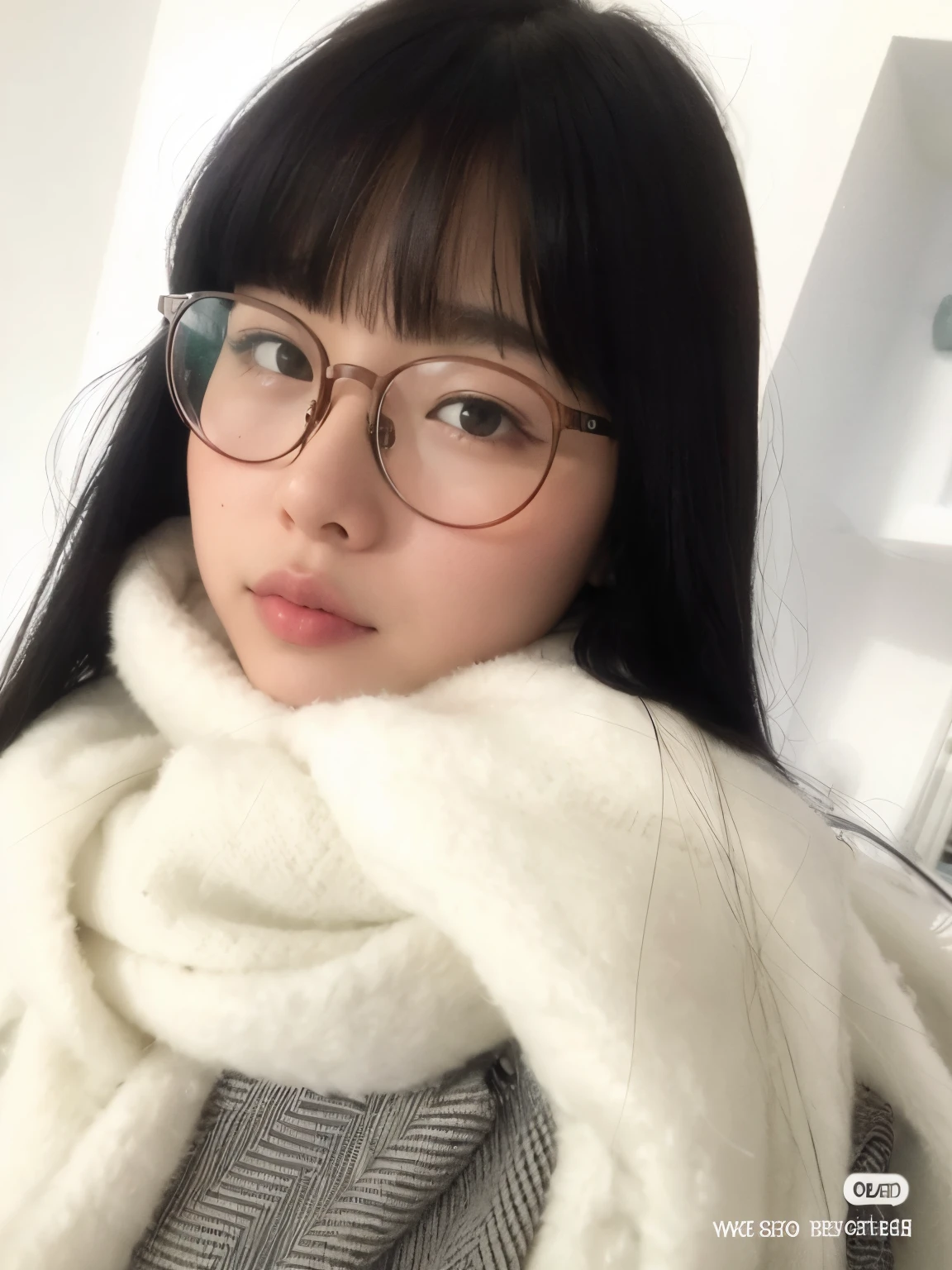 arafed woman wearing glasses and a scarf posing for a picture, ulzzang, wearing thin large round glasses, with glasses, with square glasses, korean girl, wearing small round glasses, wearing square glasses, with black eyeglasses, spectacled, thick glasses, girl wearing round glasses, thick round spectacles, wearing round glasses