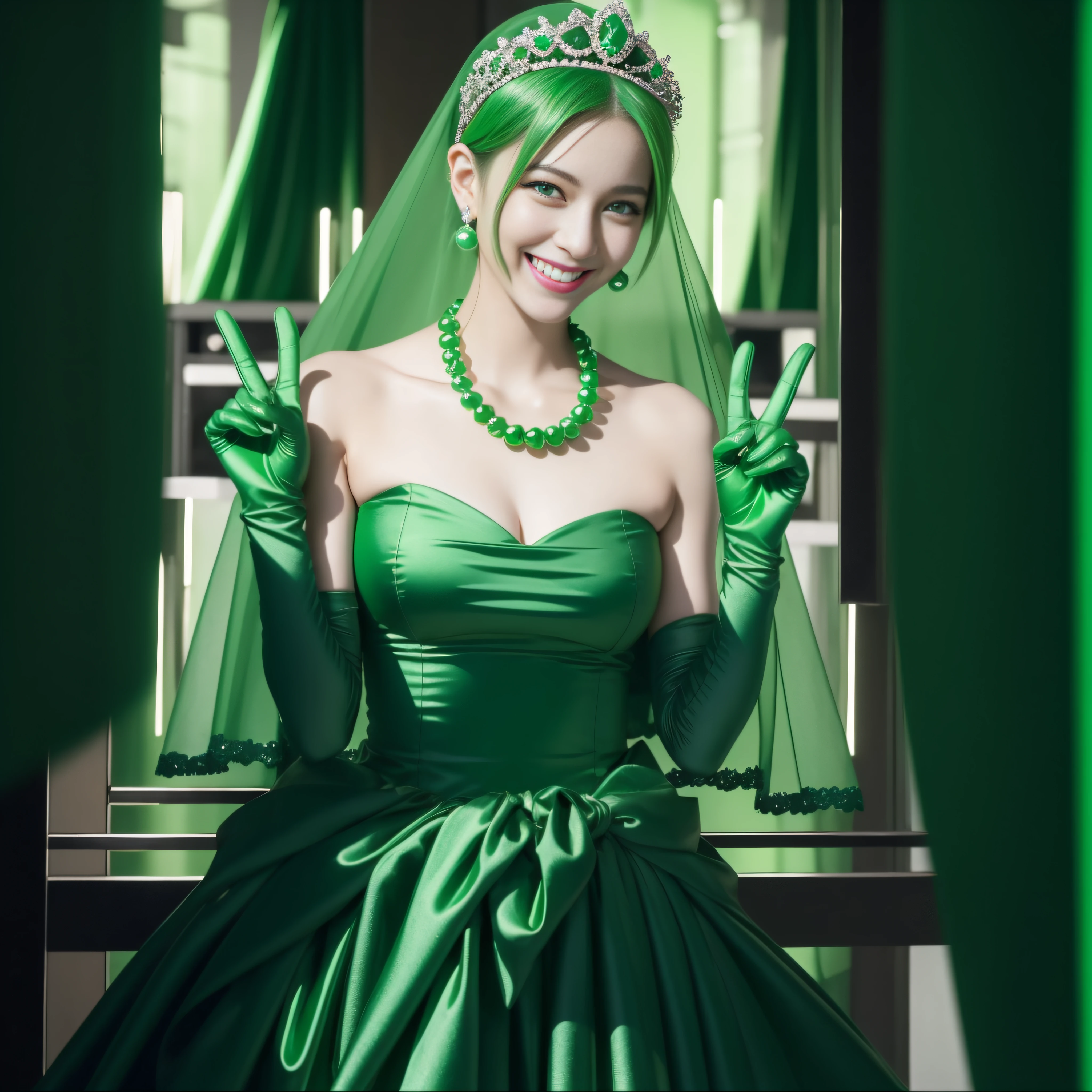 emerald tiara, Green Pearl Necklace, Boyish very short green hair, lipsticks, Japan woman smiling, very short short hair, big breasts beautiful, Green eyes, Long green gloves made of satin material, Green eyes, v sign,V-sign with both hands, Emerald Earrings, Green hair