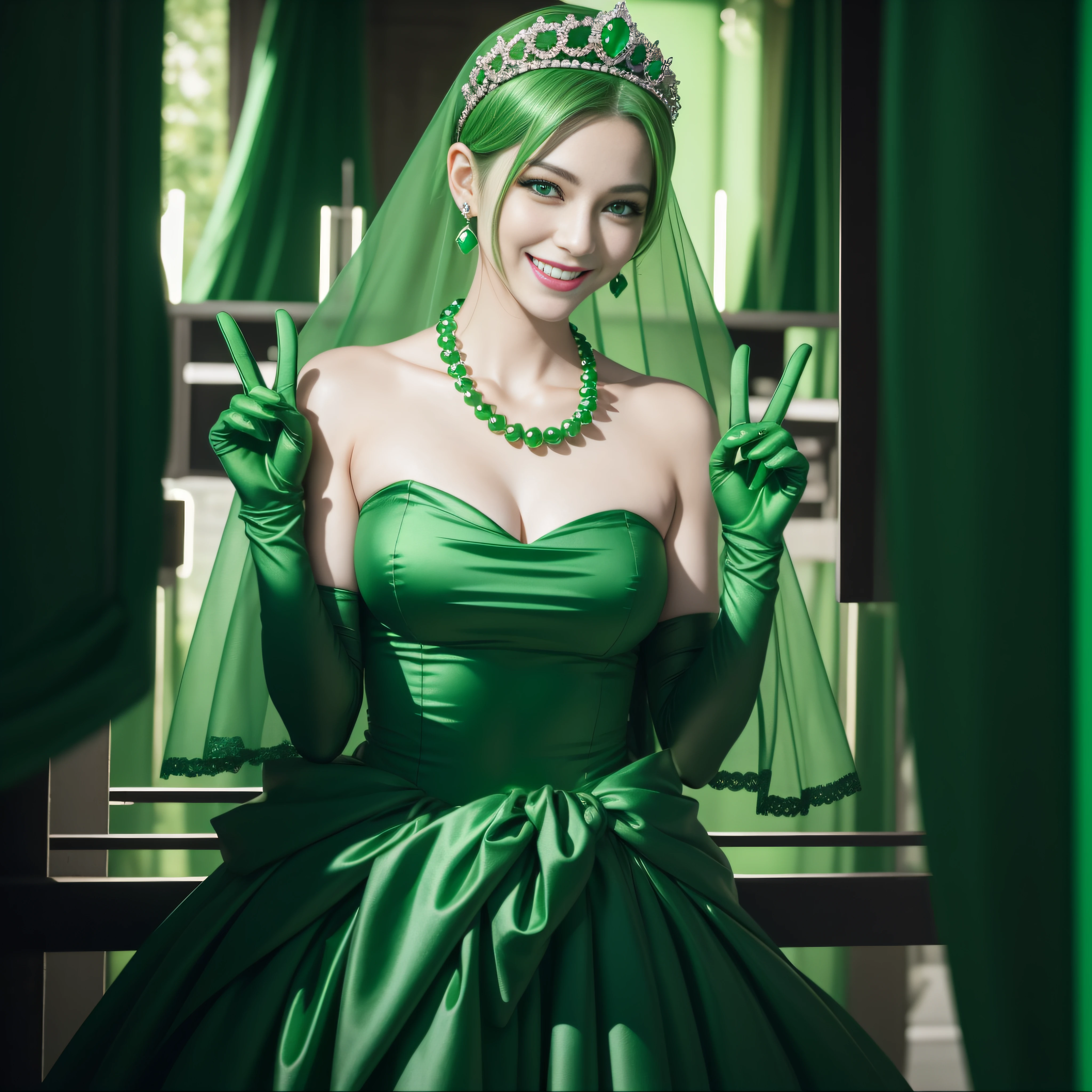 emerald tiara, Green Pearl Necklace, Boyish very short green hair, lipsticks, Japan woman smiling, very short short hair, big breasts beautiful, Green eyes, Long green gloves made of satin material, Green eyes, v sign,V-sign with both hands, Emerald Earrings, Green hair