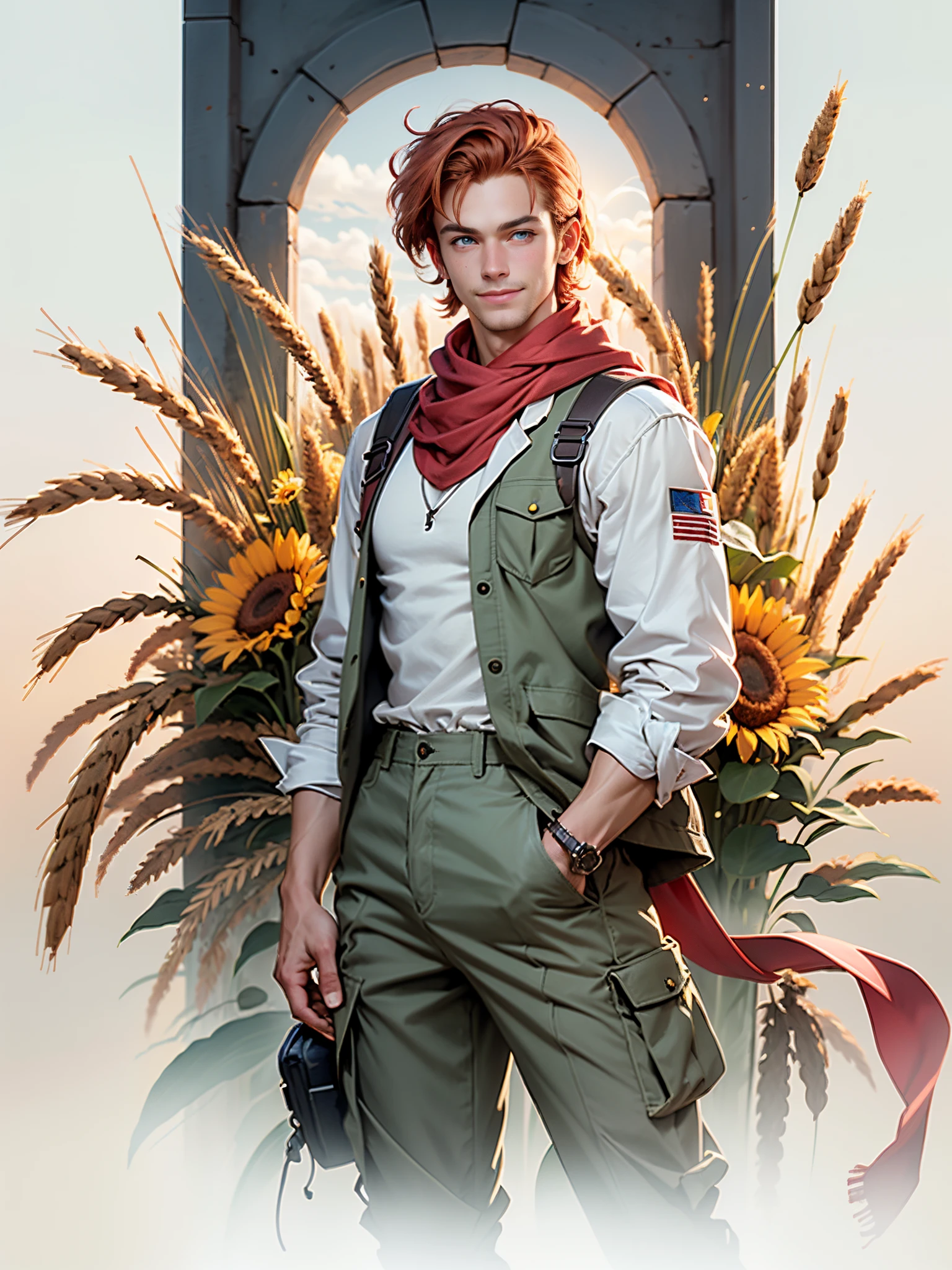 Sculpture design, Figure, (base). male people, caucasian, tall, (muscular), (man with shaggy red hair, blue eyes), wearing khaki cargo pants, wearing loose linen shirt, wearing khaki vest with pockets, ((white scarf blowing in breeze)), arms on hips, smiling, wheat field behind him, sunflowers, bees, Systemic vision,semi transparent,Computer graphic arts,A high resolution,32K,best qualtiy,hyper HD, dunhuang_background