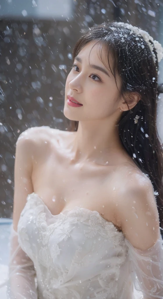 (On a table, Best quality, realistically, ultra - detailed, meticuloso, A high resolution, 8k wallpaper), Close-up portrait of a beautiful woman, Chariada, Smiling, light brown messy hair, Perfect dynamic composition, 美丽meticuloso的眼睛, Just like the cover of a fashion magazine, On campus