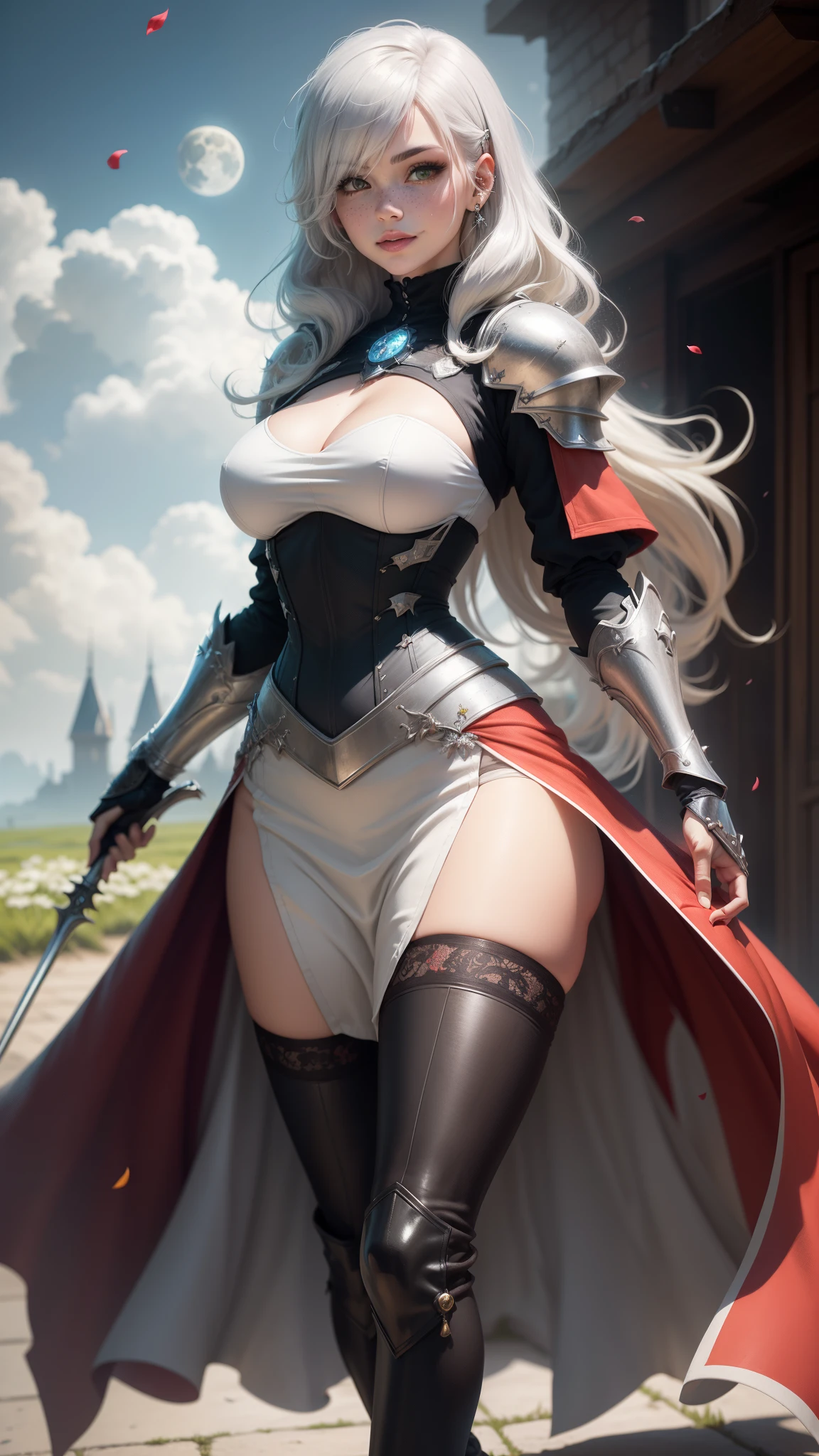 gwen tennyson,yorha 2b,tracer,y'shtola rhul,solo girl,overwatch,atelier ryza,close up,meadow view,tattoos,royal gray and white plugsuit,white short sleeve knight top,full plate steel knight armor top,long knight skirt,moon embroidery knight corset,long curly hair,princess makeup,green eyes,multicolored silver hair,long dress train,sexy smile,freckles,beautiful girl,knight thigh high boots,large breasts,8k,ultra detailed,realistic,fantasy art,silver knight uniform,wedding gown dress,ear piercings,silver moon hand and neck jewelry,(weather:windy),long scarlet knight coat,crystal castle,silver hair pin, flower petals flying,holding a spear,