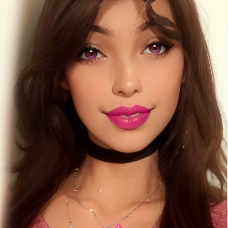 a close up of a woman with a pink lipstick and a necklace, pink lips, pink lipstick, inspired by Adrienn Henczné Deák, inspired by Briana Mora, inspired by Izzy Medrano, inspired by Lili Árkayné Sztehló, inspired by Siona Shimshi, inspired by Gina Pellón