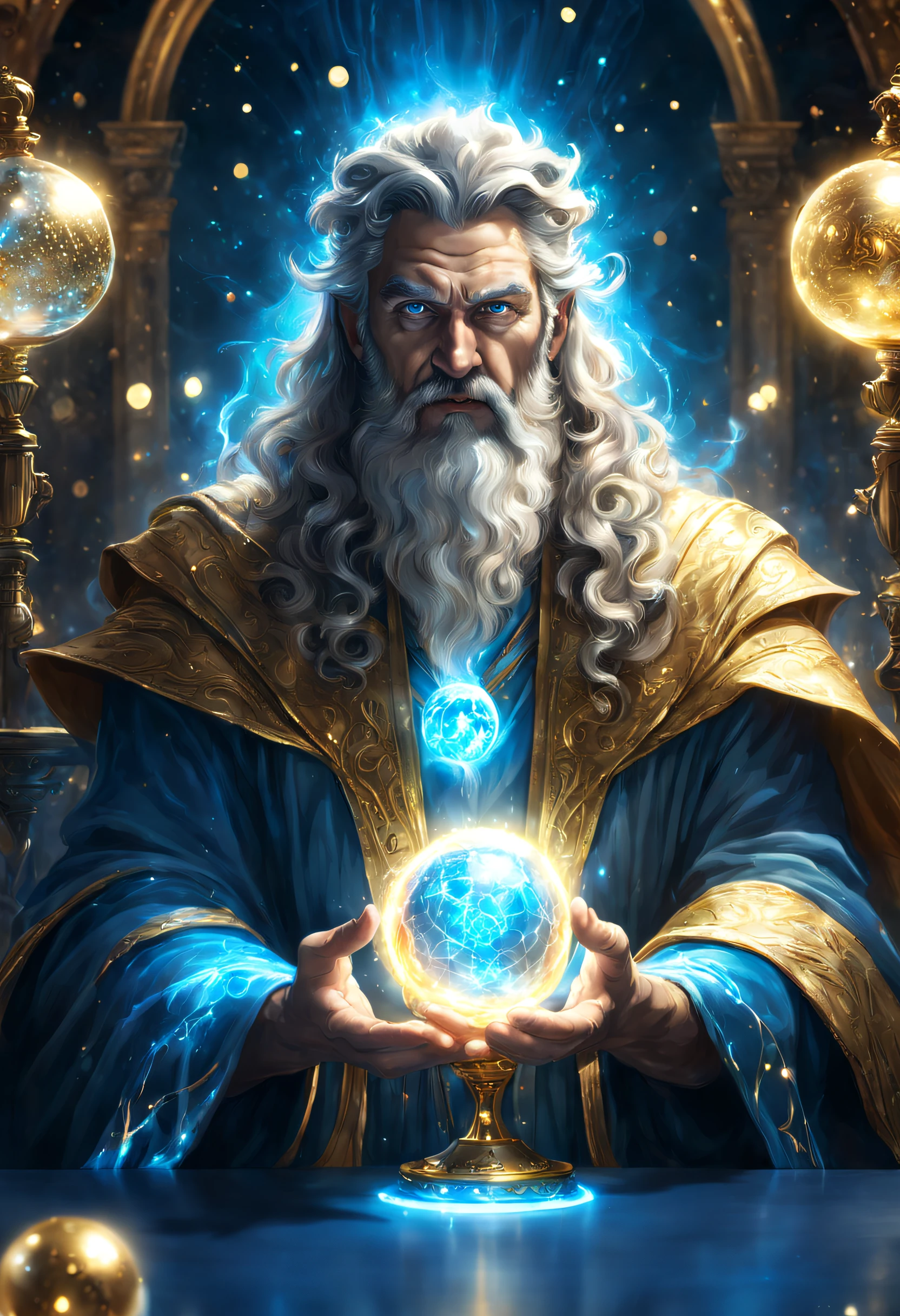 Zeus sorcerer wizard face with light Blue eyes and dress WITH AURA LIGHTS near him, sitted and holding a GOLD ball in the hands, ahead a table, in front of end, sorcerer, glowing golden small luminous effect lights dots in the background