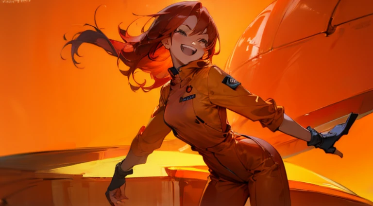 Female Android、Red hair、A woman wearing an orange jumpsuit、Laughing face、