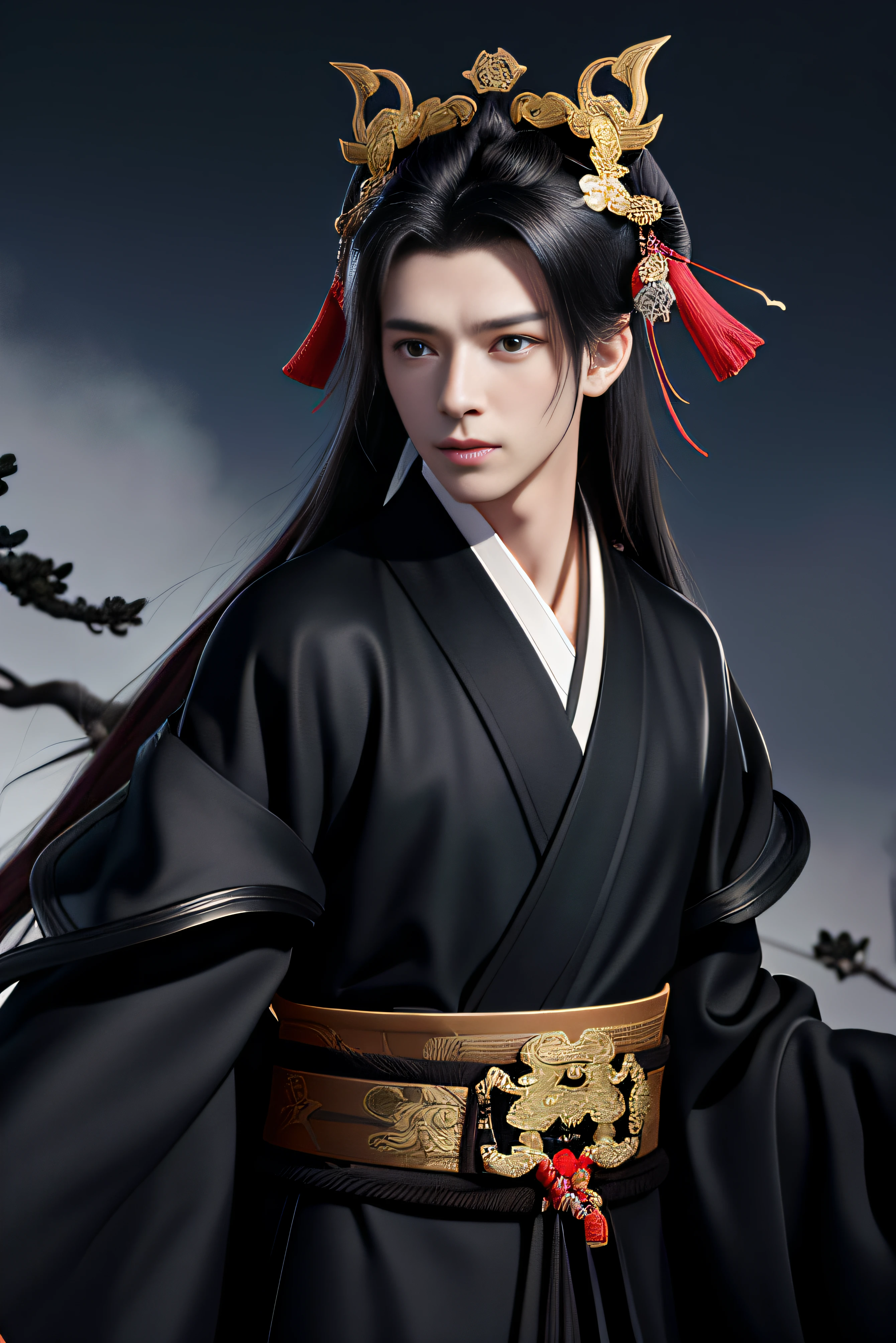 25 years old young man, whole body, portrait of an onmyoji, detailed art of the onmyoji, (((onmyoji))), fierce warrior, man in Chinese traditional style dress standing in the ruin, dark sky background , photorealistic painting, art photo, ultra high resolution, (photorealistic: 1.4), masterpiece, sharp lines, beautiful eyes, detailed face, perfect hands, perfect eyes, perfect skin, ((wearing black long robe)), looking into the distance, ((messy long black hair)), ((((black clothes))))