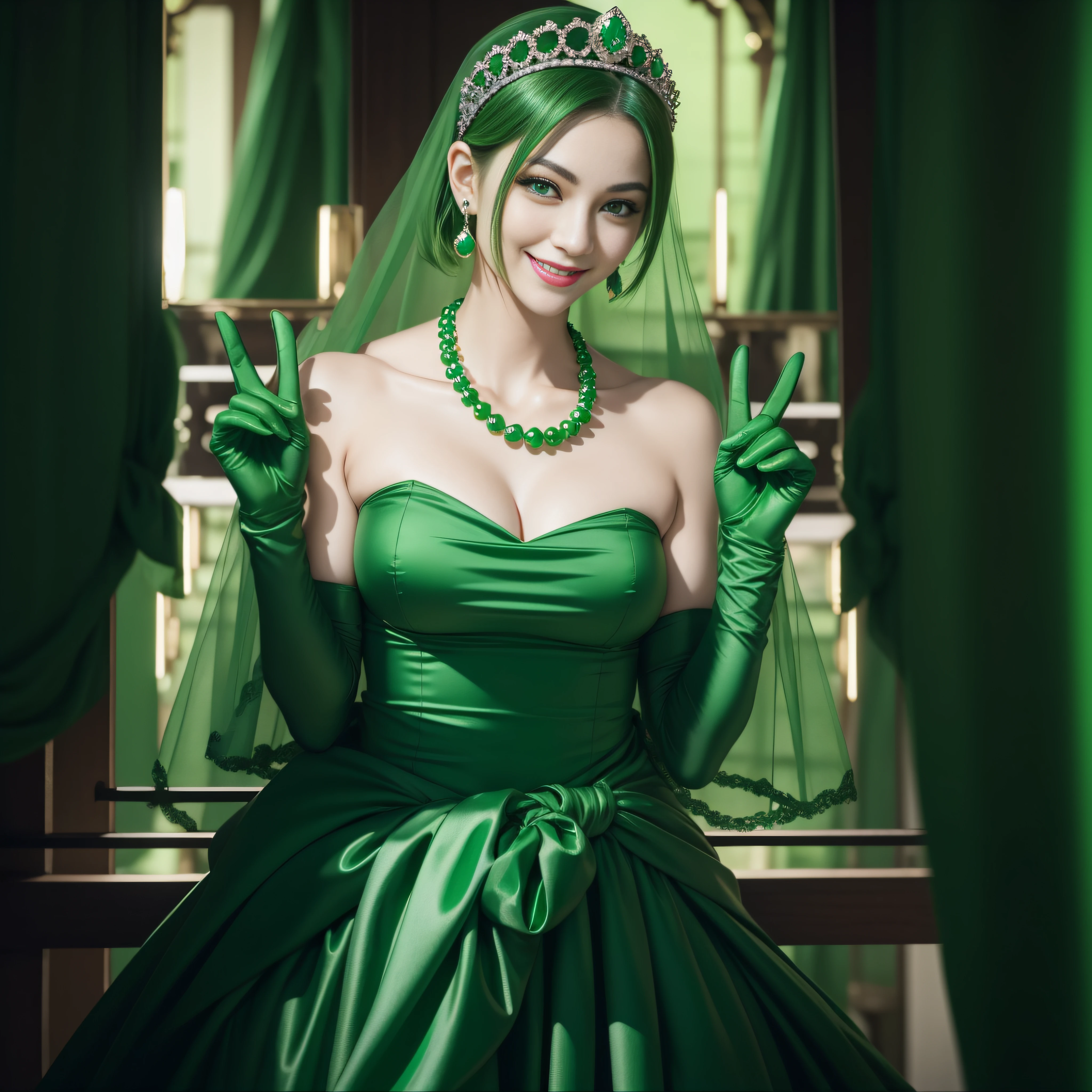 emerald tiara, Green Pearl Necklace, Boyish very short green hair, lipsticks, Japan woman smiling, very short short hair, big breasts beautiful, Green eyes, Long green gloves made of satin material, Green eyes, Emerald Earrings, green vale, v sign